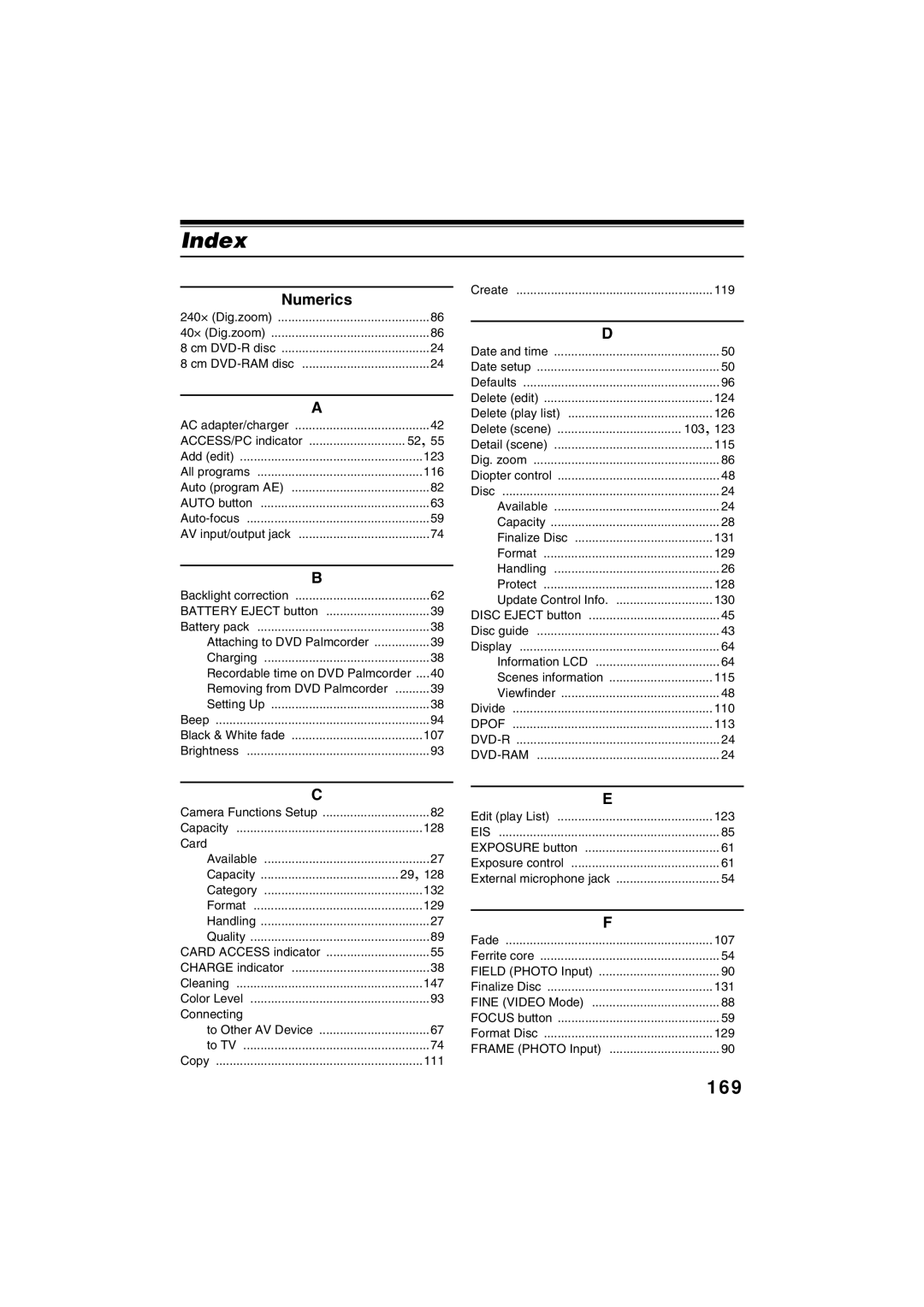 Panasonic VDR-M30PP operating instructions Index, 169, Numerics 