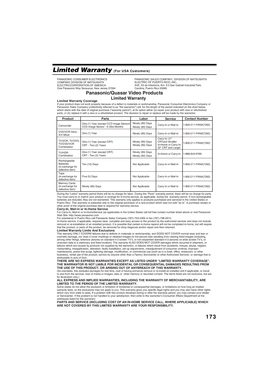 Panasonic VDR-M30PP operating instructions 173, Limited Warranty 