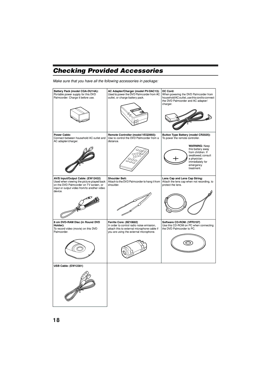 Panasonic VDR-M30PP operating instructions Checking Provided Accessories, Ferrite Core BZ10682 