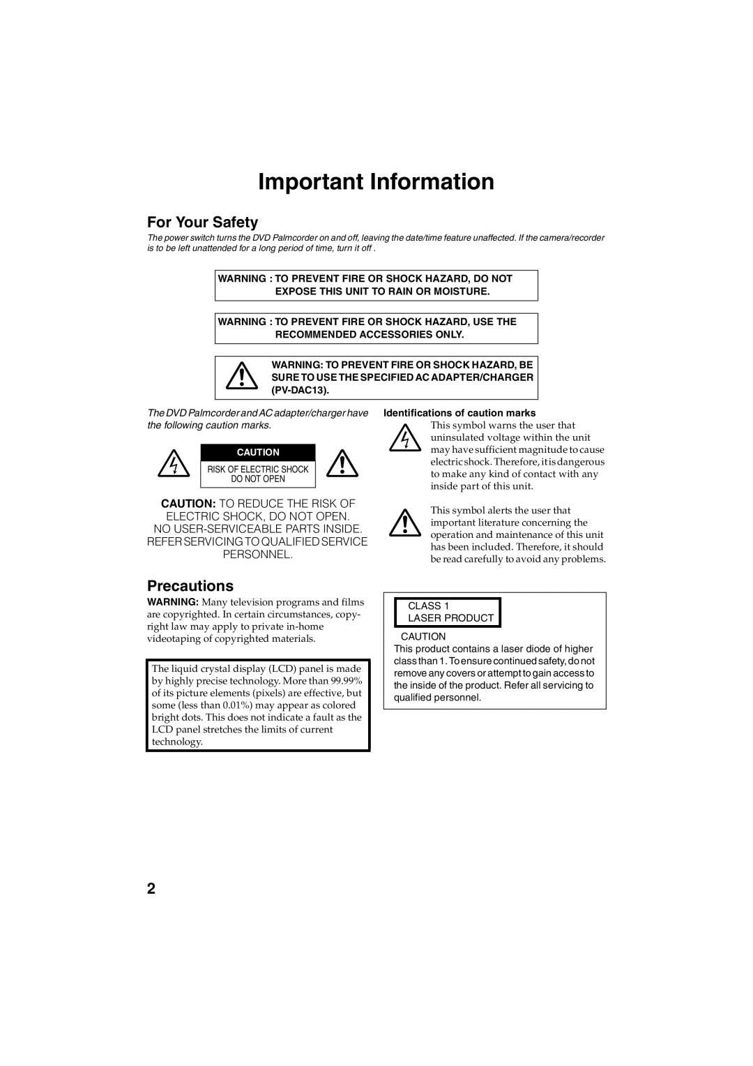 Panasonic VDR-M30PP operating instructions For Your Safety, Precautions, Identifications of caution marks 