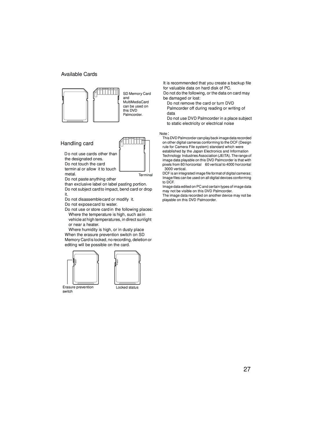 Panasonic VDR-M30PP operating instructions Available Cards, Handling card, Metal.Terminal, Switch 