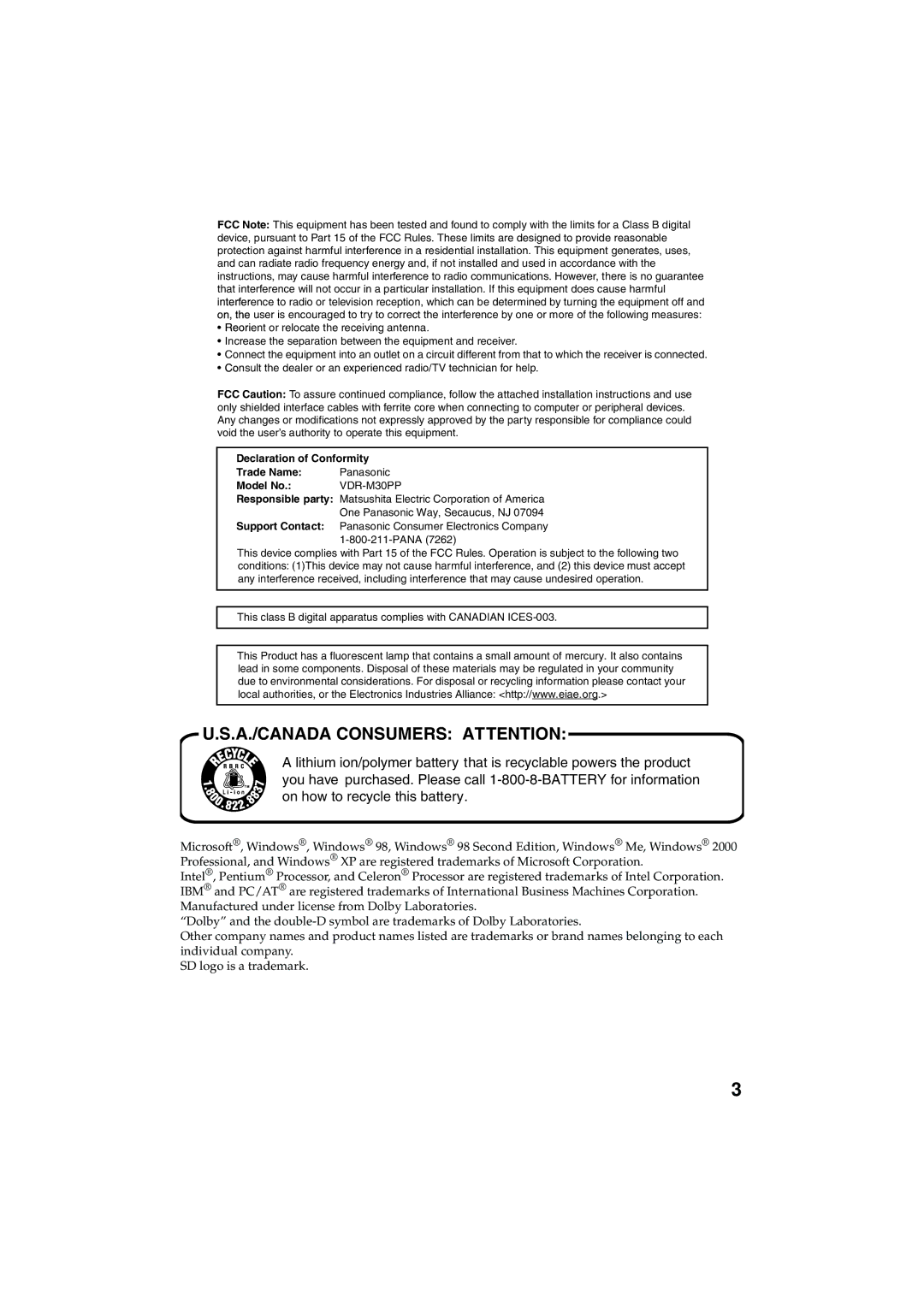 Panasonic VDR-M30PP operating instructions A./CANADA Consumers Attention 