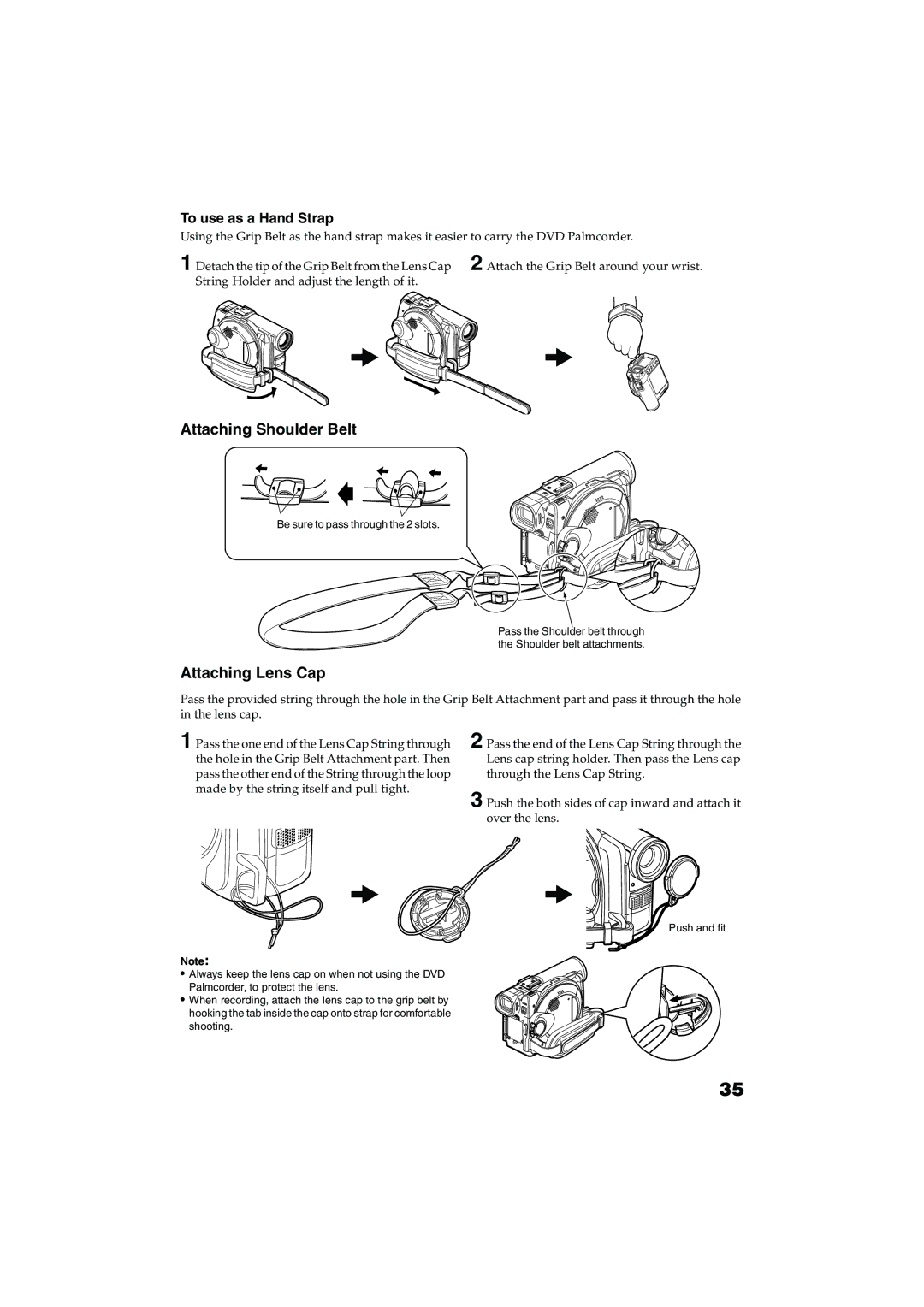 Panasonic VDR-M30PP operating instructions Attaching Shoulder Belt, Attaching Lens Cap, To use as a Hand Strap 