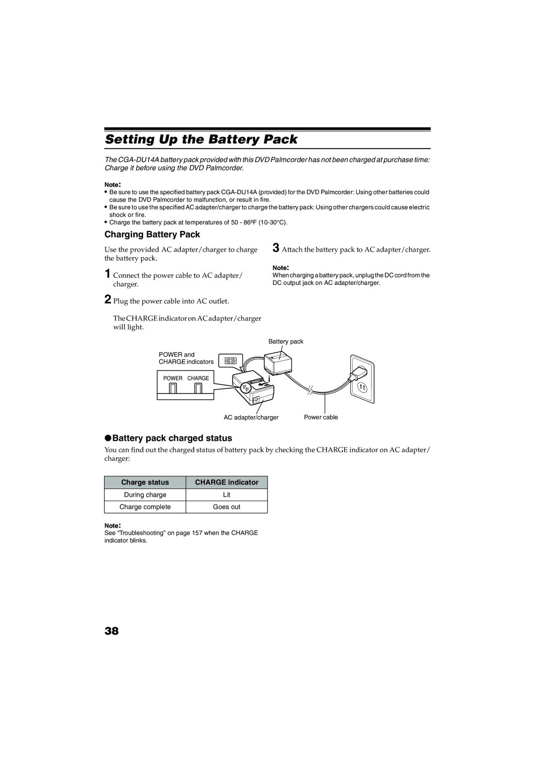 Panasonic VDR-M30PP operating instructions Setting Up the Battery Pack, Charging Battery Pack, Battery pack charged status 