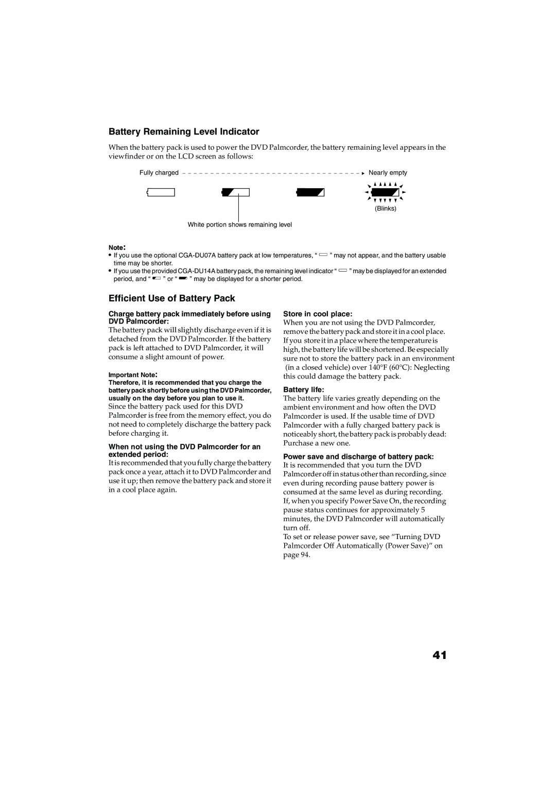 Panasonic VDR-M30PP operating instructions Battery Remaining Level Indicator, Efficient Use of Battery Pack 