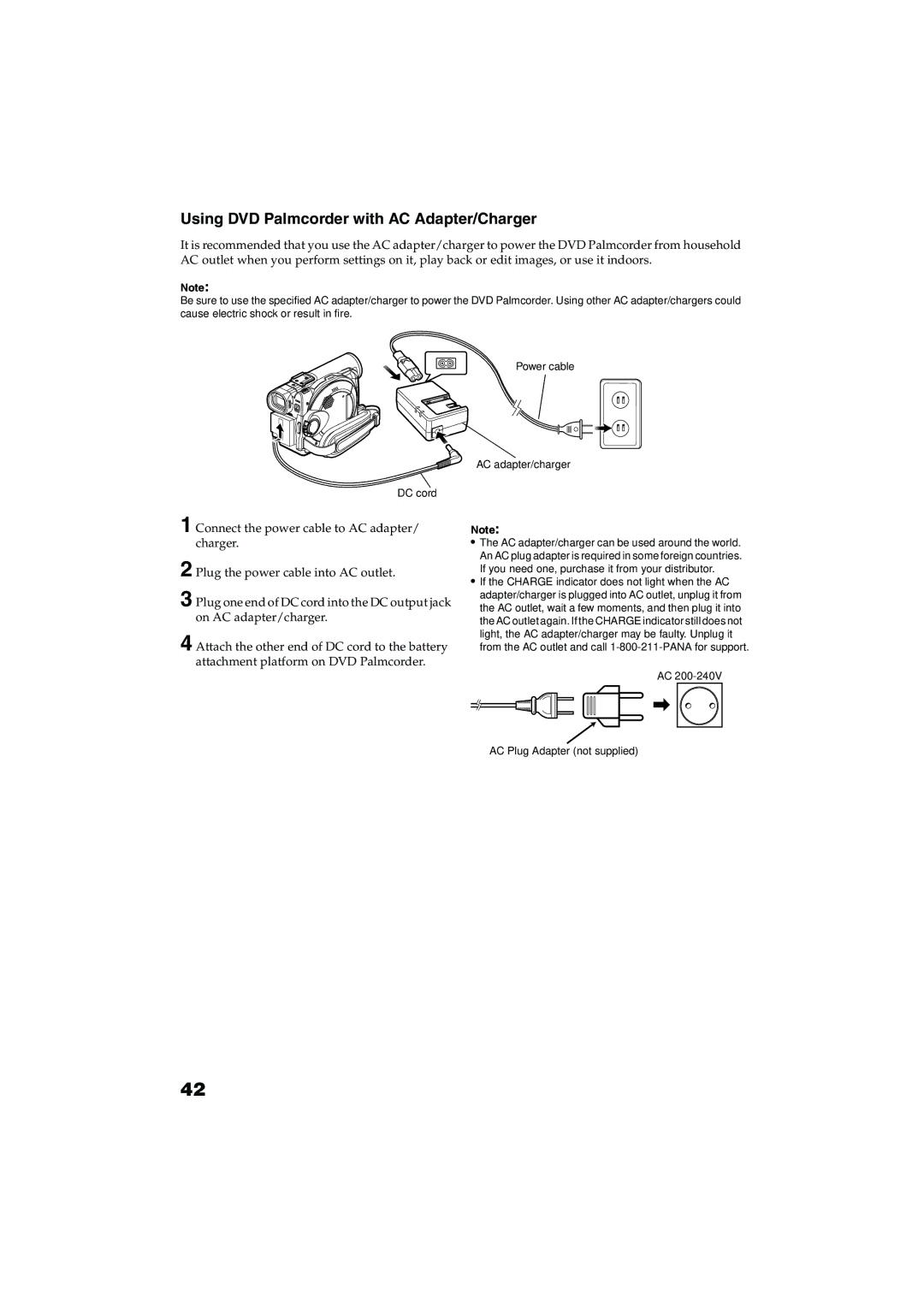 Panasonic VDR-M30PP operating instructions Using DVD Palmcorder with AC Adapter/Charger, Power cable AC adapter/charger 