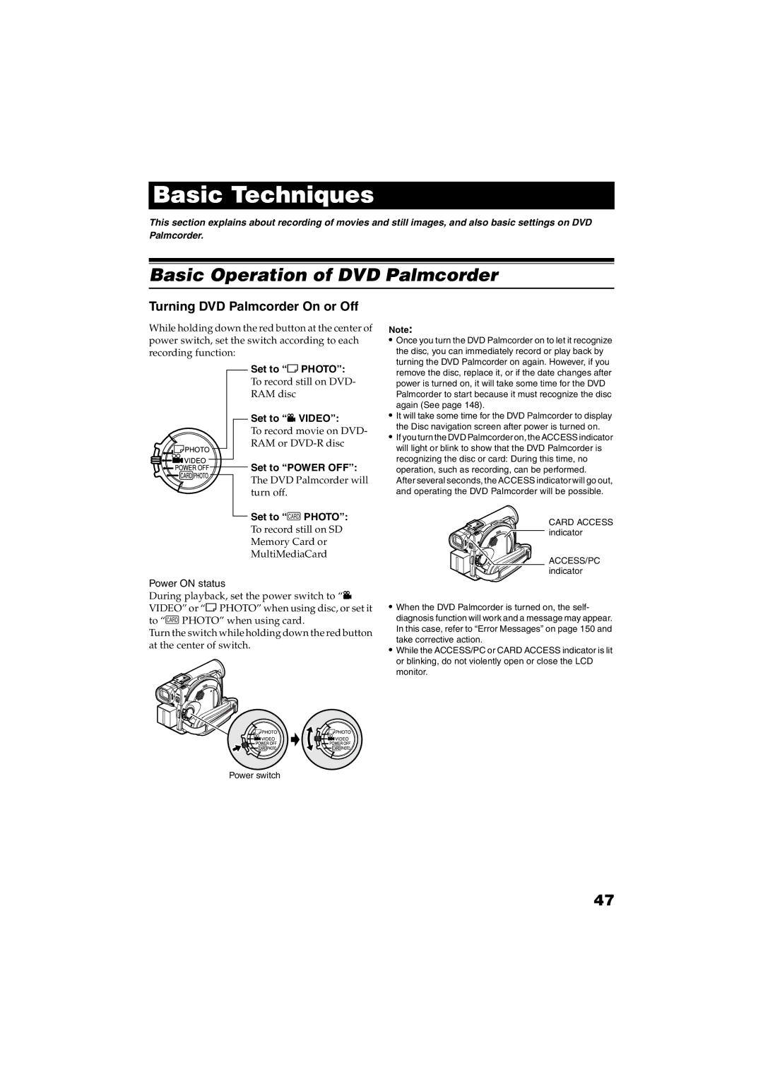 Panasonic VDR-M30PP Basic Operation of DVD Palmcorder, Turning DVD Palmcorder On or Off, Set to Photo, Set to Video 