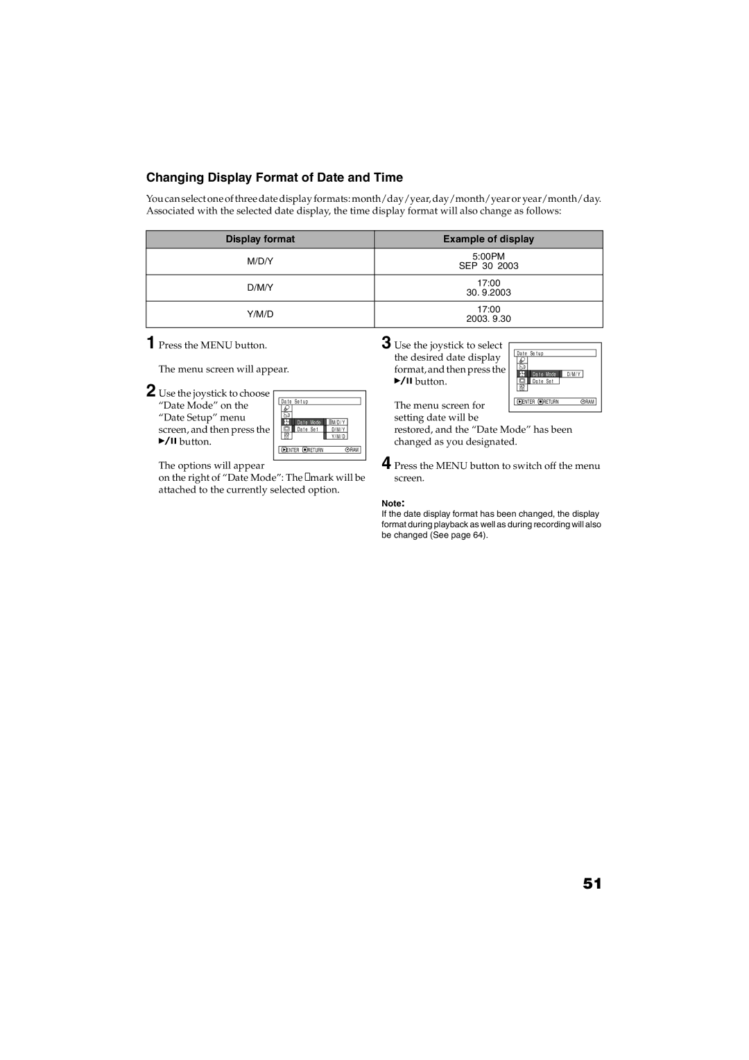 Panasonic VDR-M30PP operating instructions Changing Display Format of Date and Time, Display format Example of display 