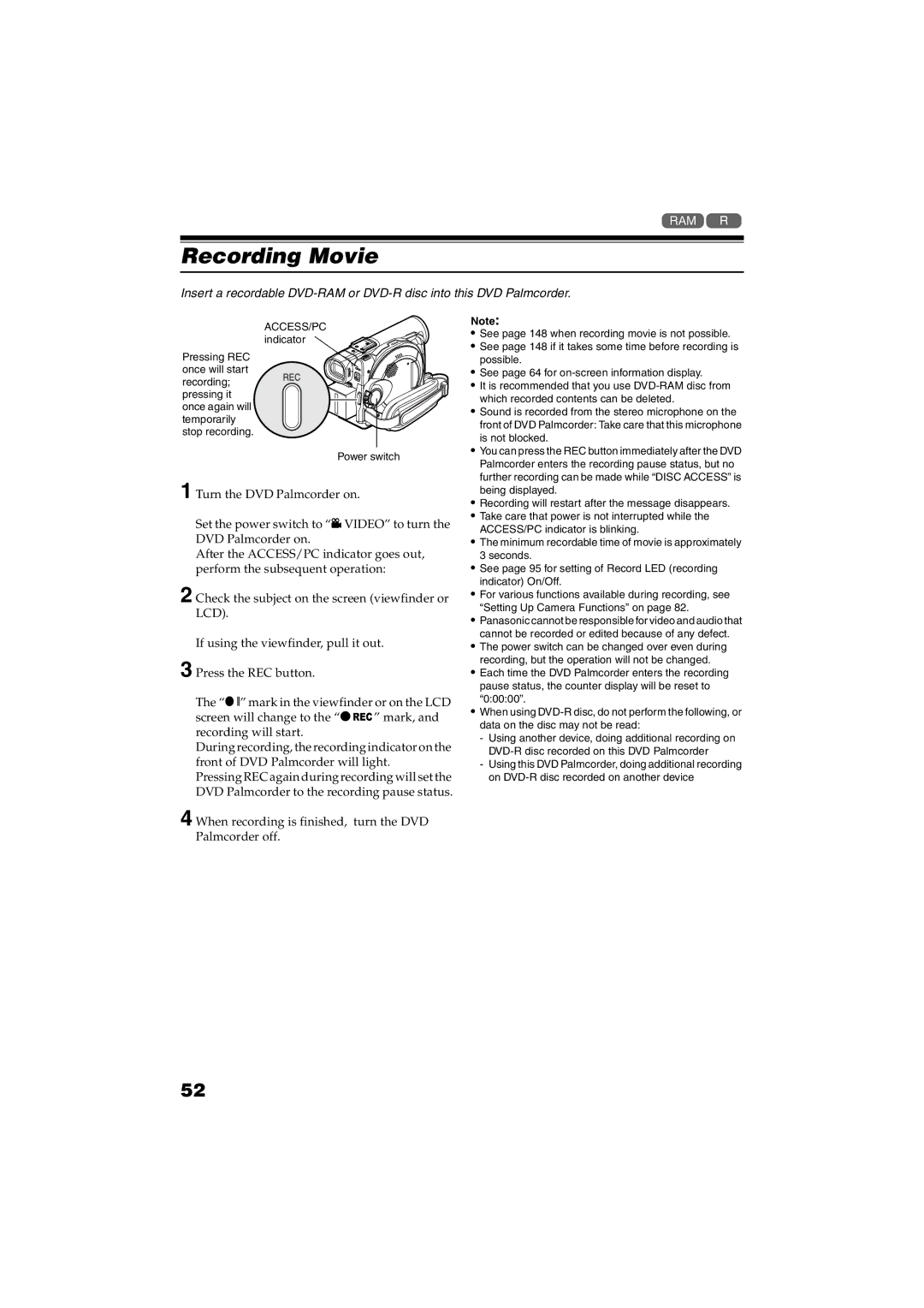 Panasonic VDR-M30PP operating instructions Recording Movie 