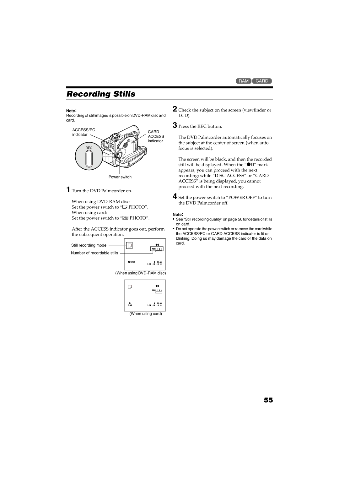 Panasonic VDR-M30PP operating instructions Recording Stills, When using card 