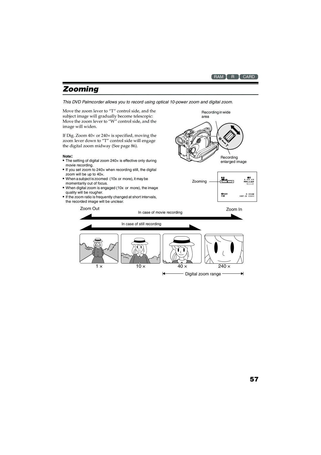 Panasonic VDR-M30PP operating instructions Zooming, Case of movie recording Case of still recording 