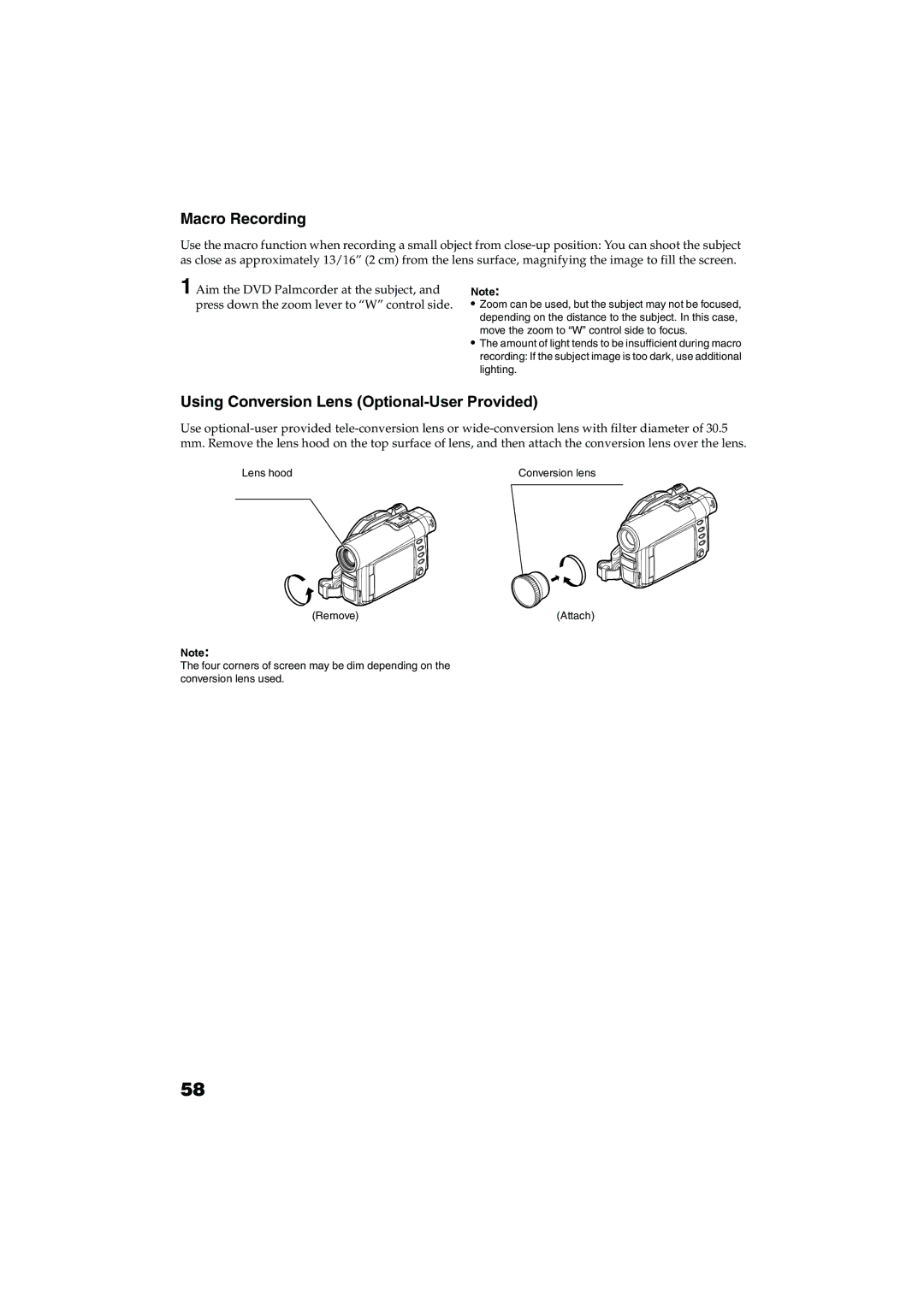 Panasonic VDR-M30PP operating instructions Macro Recording, Using Conversion Lens Optional-User Provided, Lens hood, Remove 