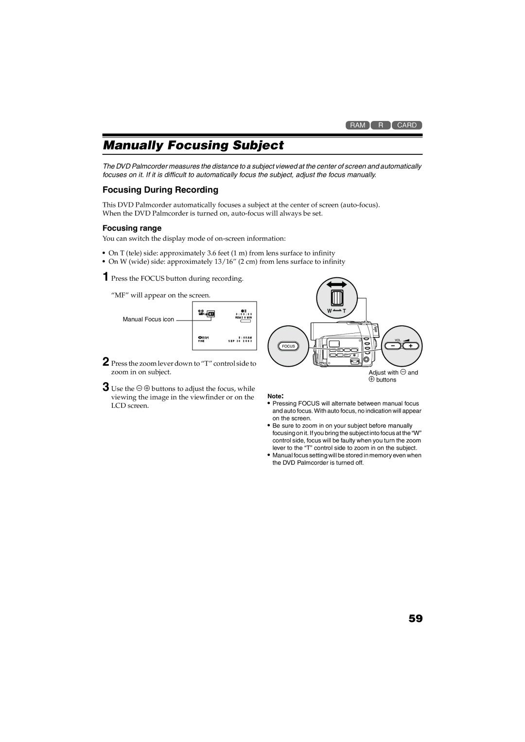 Panasonic VDR-M30PP Manually Focusing Subject, Focusing During Recording, Focusing range, Manual Focus icon 