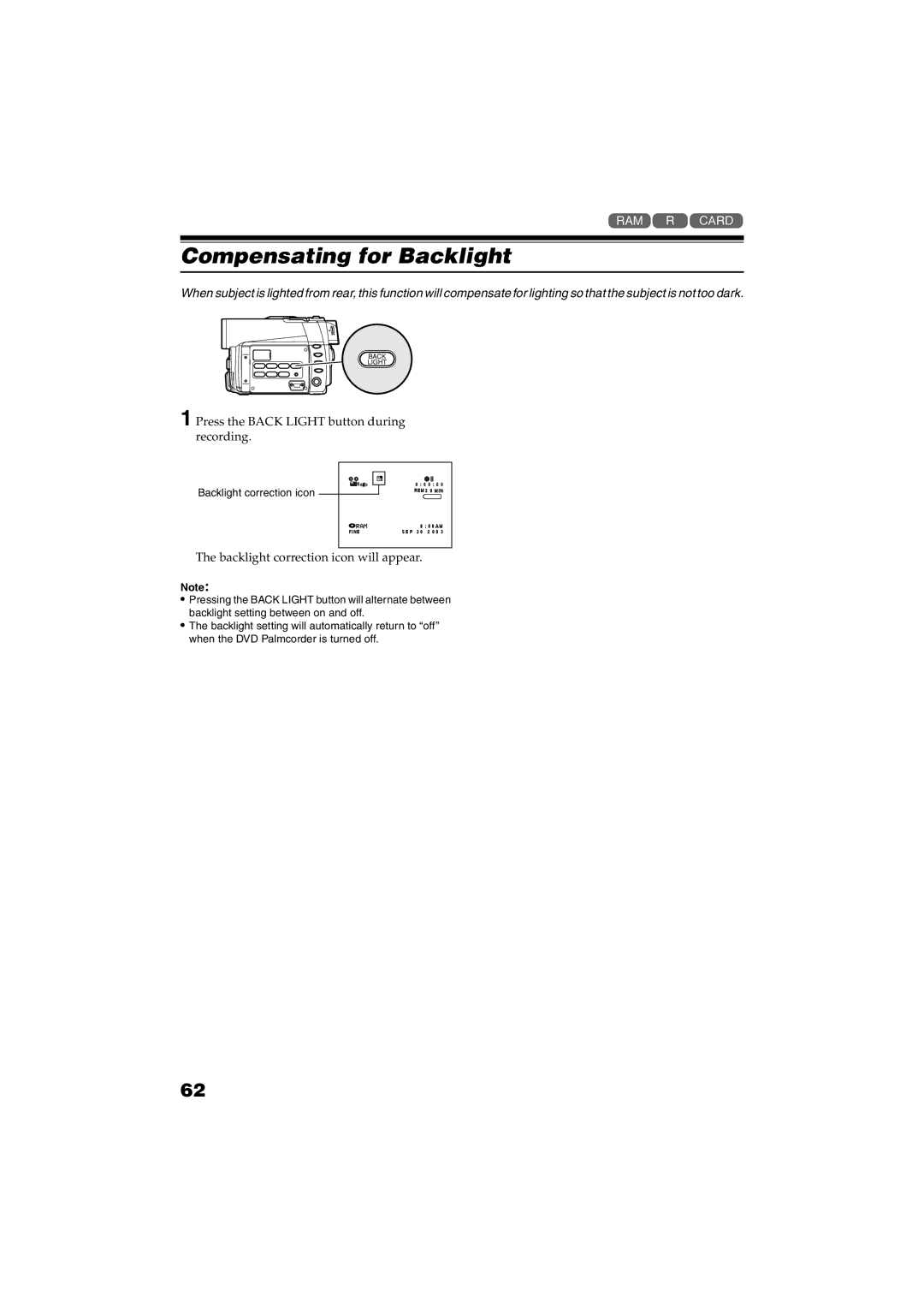 Panasonic VDR-M30PP Compensating for Backlight, Press the Back Light button during recording, Backlight correction icon 