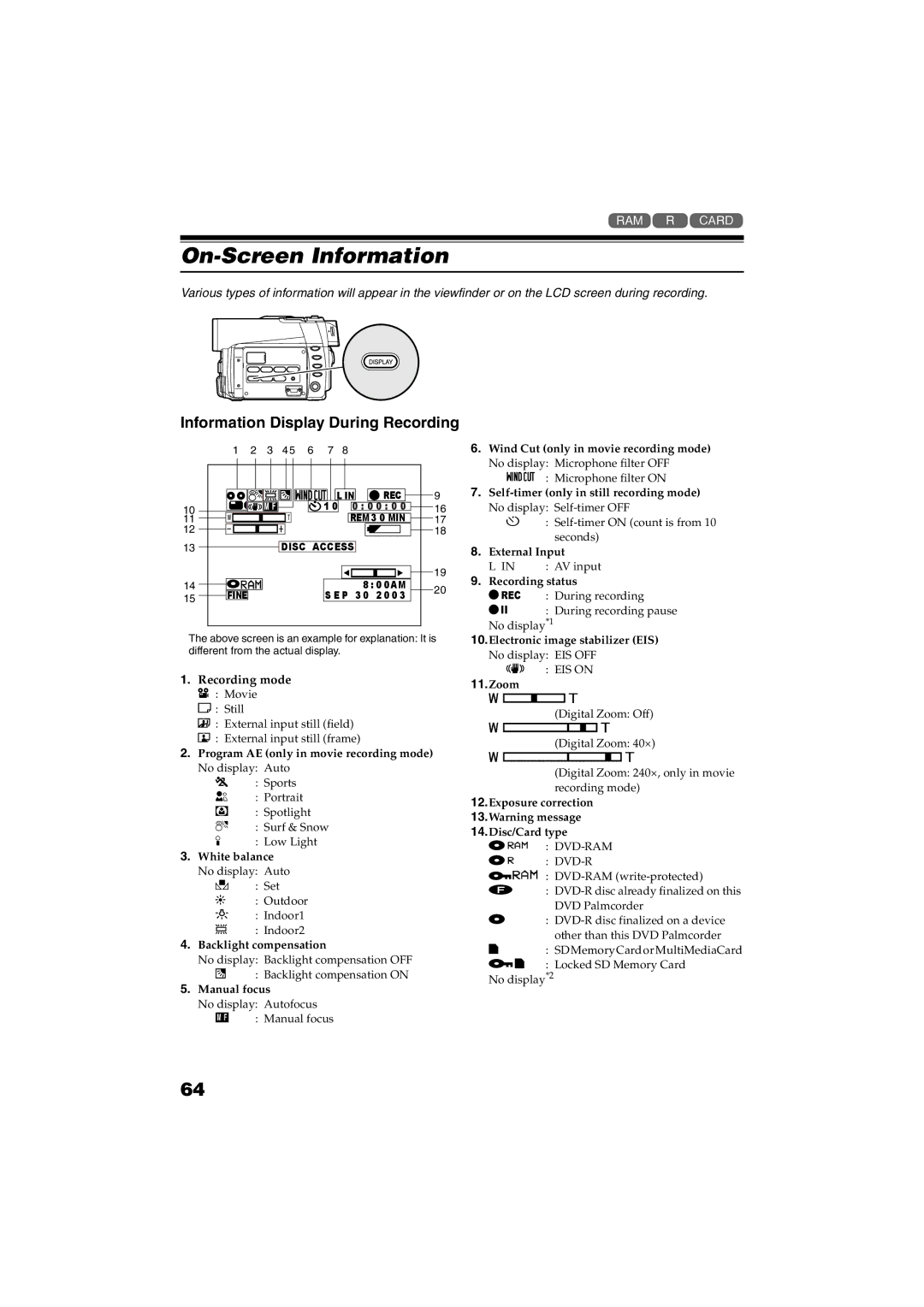 Panasonic VDR-M30PP operating instructions On-Screen Information, Information Display During Recording 