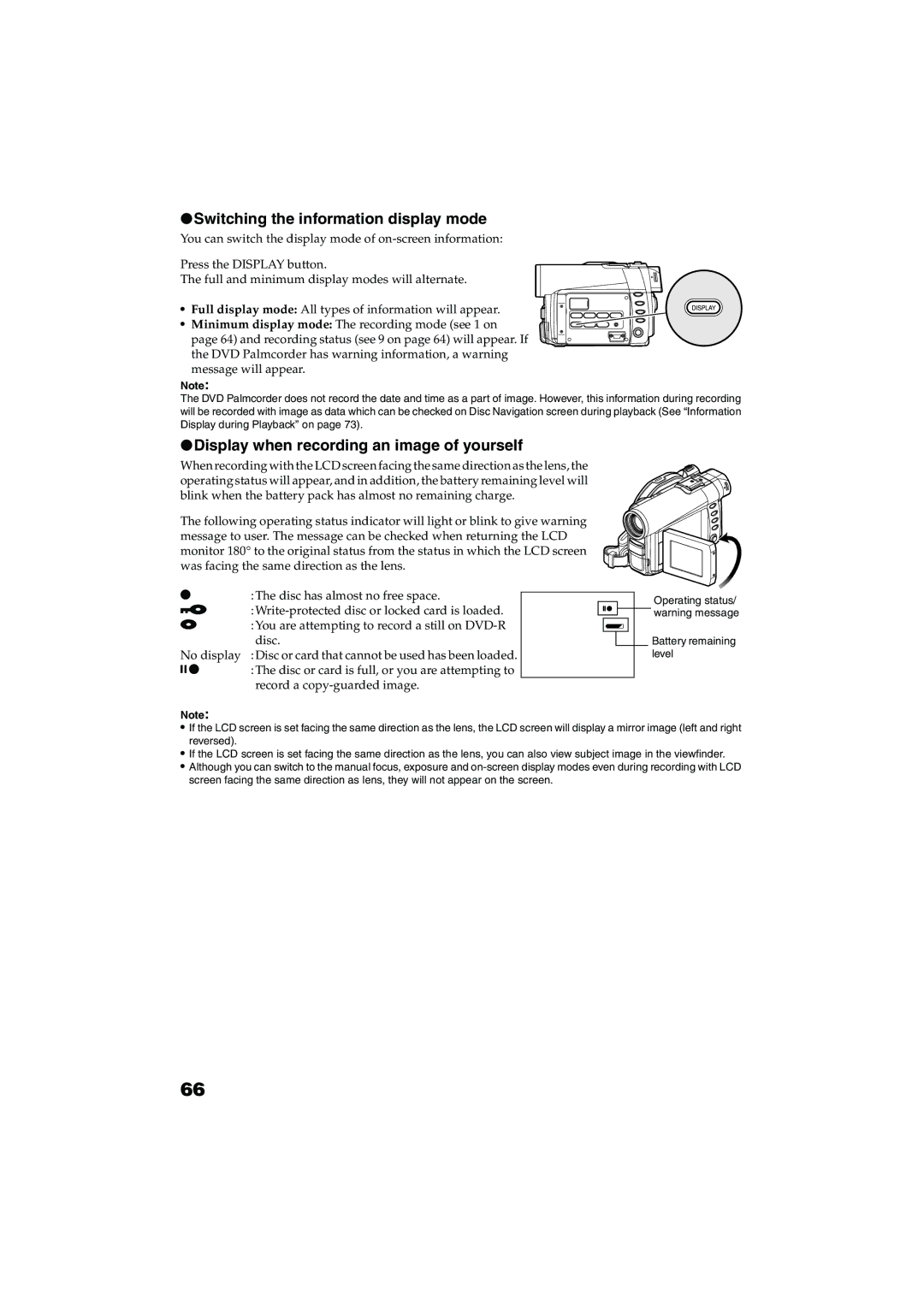 Panasonic VDR-M30PP Switching the information display mode, Display when recording an image of yourself 