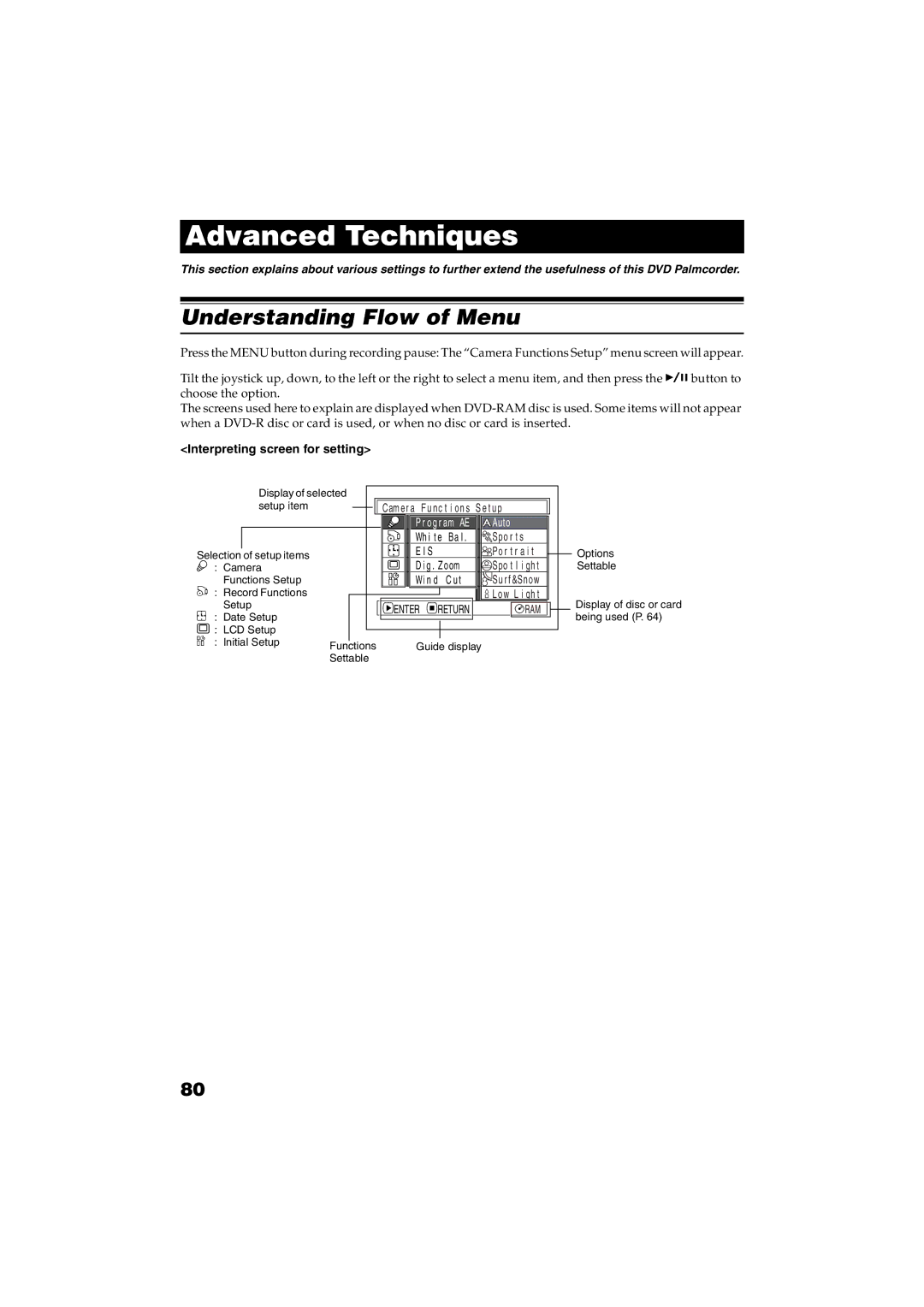 Panasonic VDR-M30PP operating instructions Understanding Flow of Menu, Interpreting screen for setting, T u p, Spo r t s 