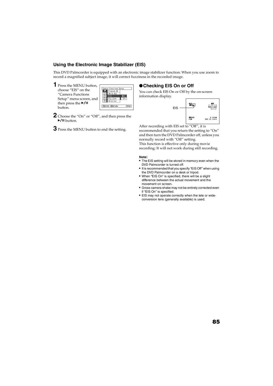 Panasonic VDR-M30PP operating instructions Using the Electronic Image Stabilizer EIS, Checking EIS On or Off 