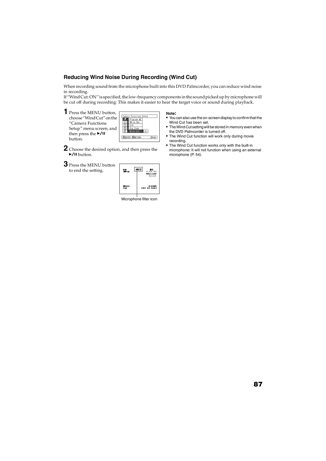 Panasonic VDR-M30PP operating instructions Reducing Wind Noise During Recording Wind Cut 