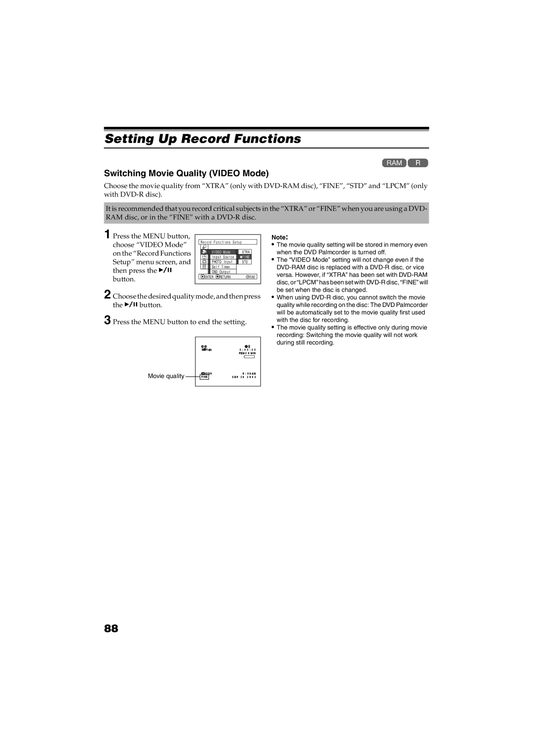 Panasonic VDR-M30PP operating instructions Setting Up Record Functions, Switching Movie Quality Video Mode 