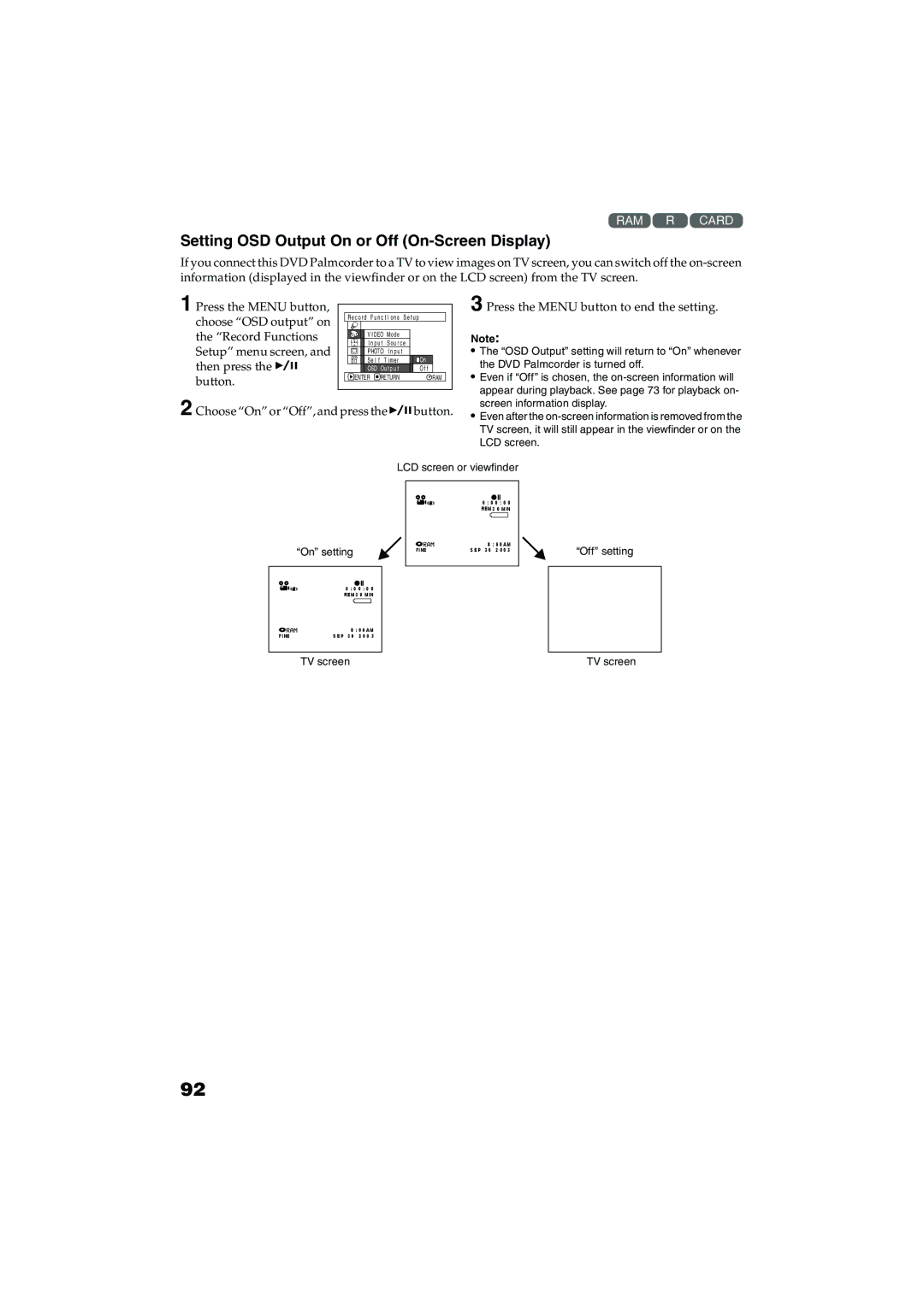 Panasonic VDR-M30PP Setting OSD Output On or Off On-Screen Display, Choose On or Off, and press the button 