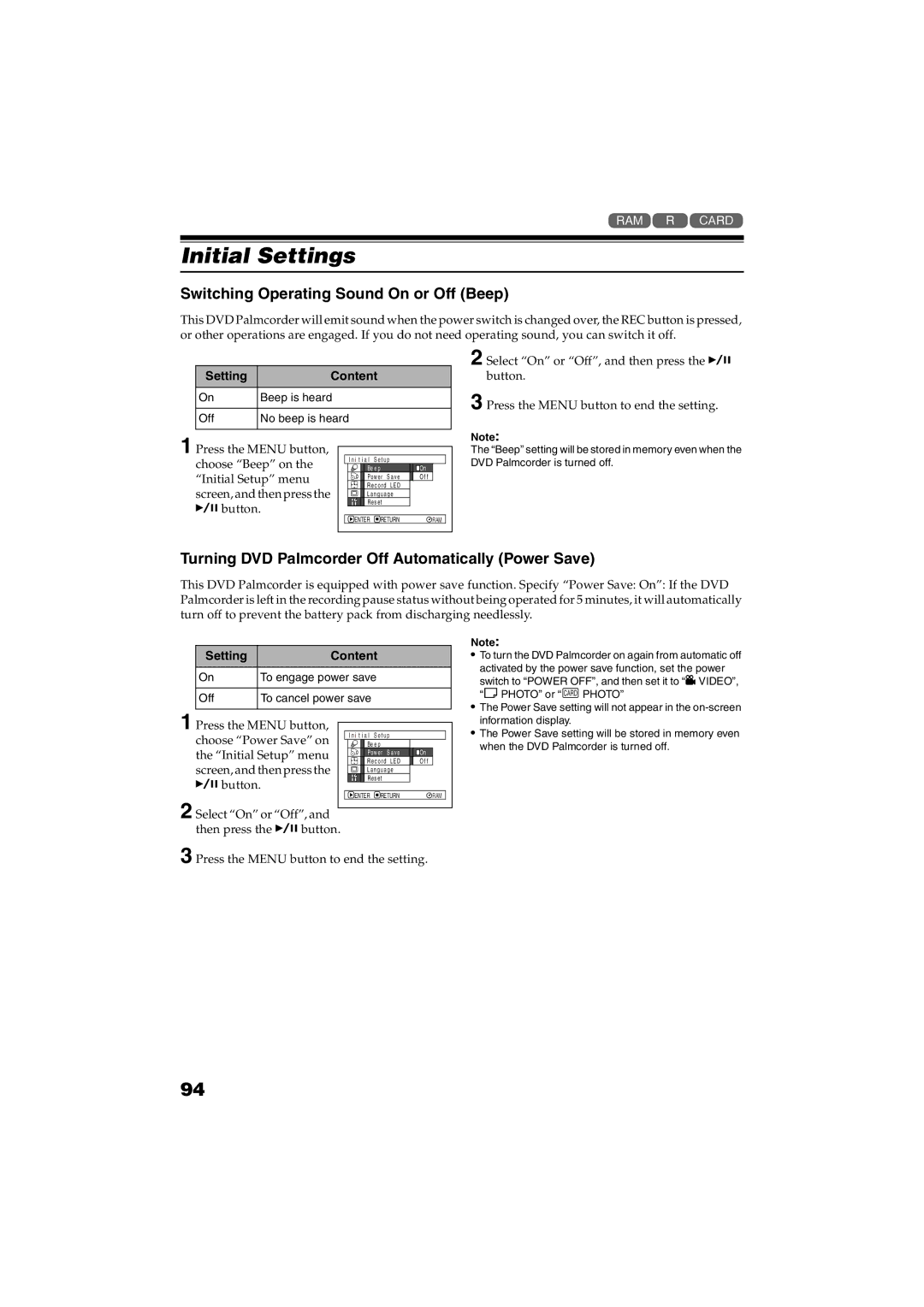 Panasonic VDR-M30PP operating instructions Initial Settings, Switching Operating Sound On or Off Beep 