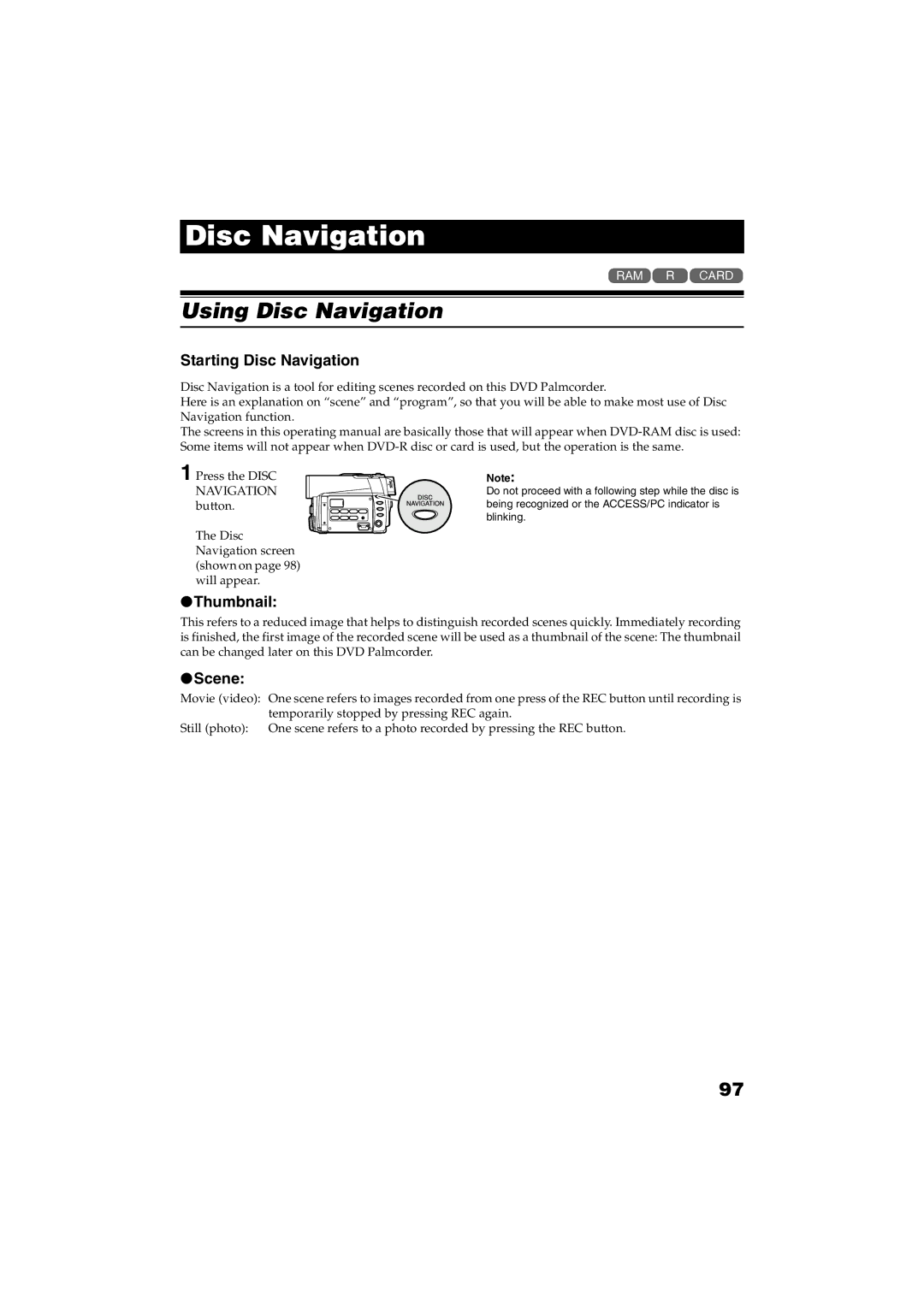 Panasonic VDR-M30PP operating instructions Using Disc Navigation, Starting Disc Navigation, Thumbnail, Scene 