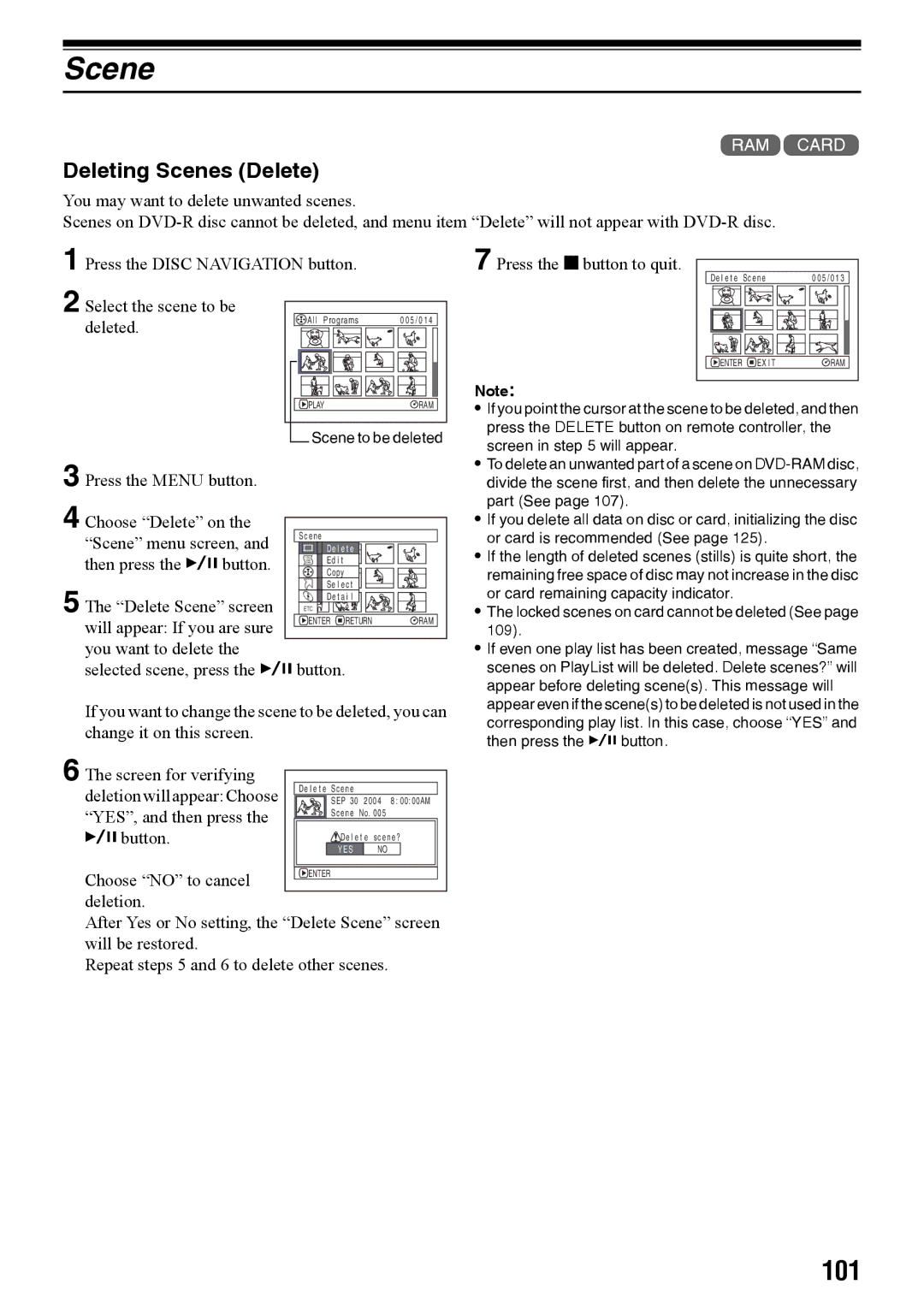 Panasonic VDR-M70PP, VDR-M50PP operating instructions 101, Deleting Scenes Delete 