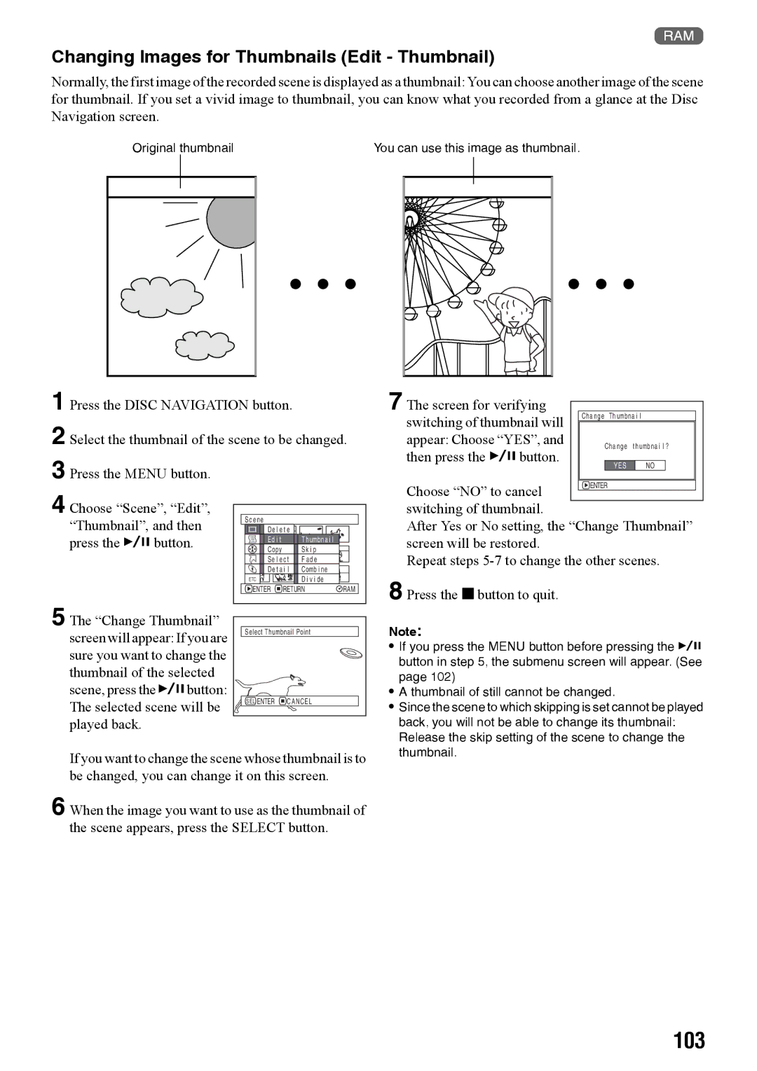 Panasonic VDR-M70PP, VDR-M50PP operating instructions 103, Changing Images for Thumbnails Edit Thumbnail 