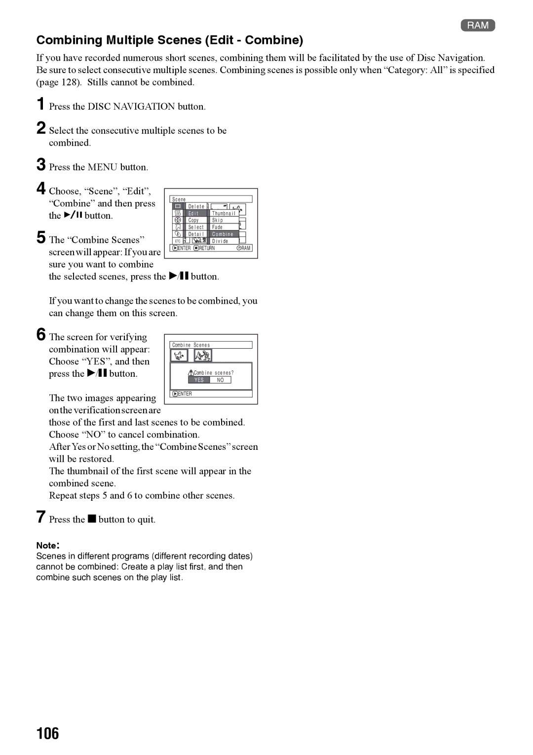 Panasonic VDR-M50PP, VDR-M70PP operating instructions 106, Combining Multiple Scenes Edit Combine 