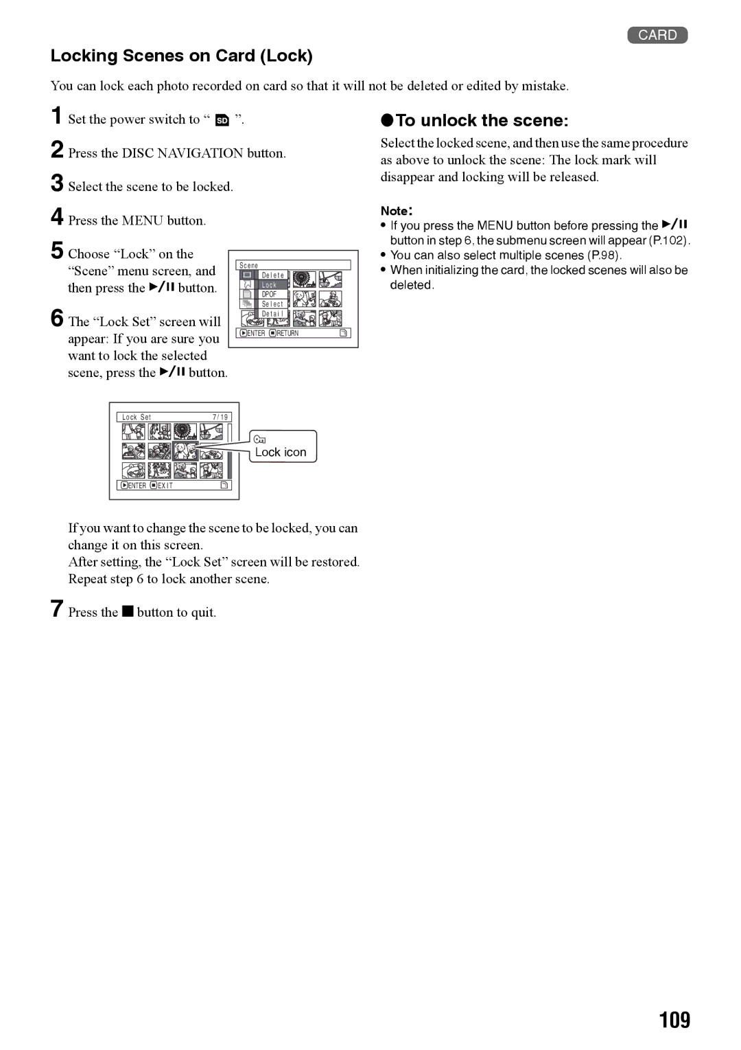 Panasonic VDR-M70PP, VDR-M50PP operating instructions 109, Locking Scenes on Card Lock, To unlock the scene 