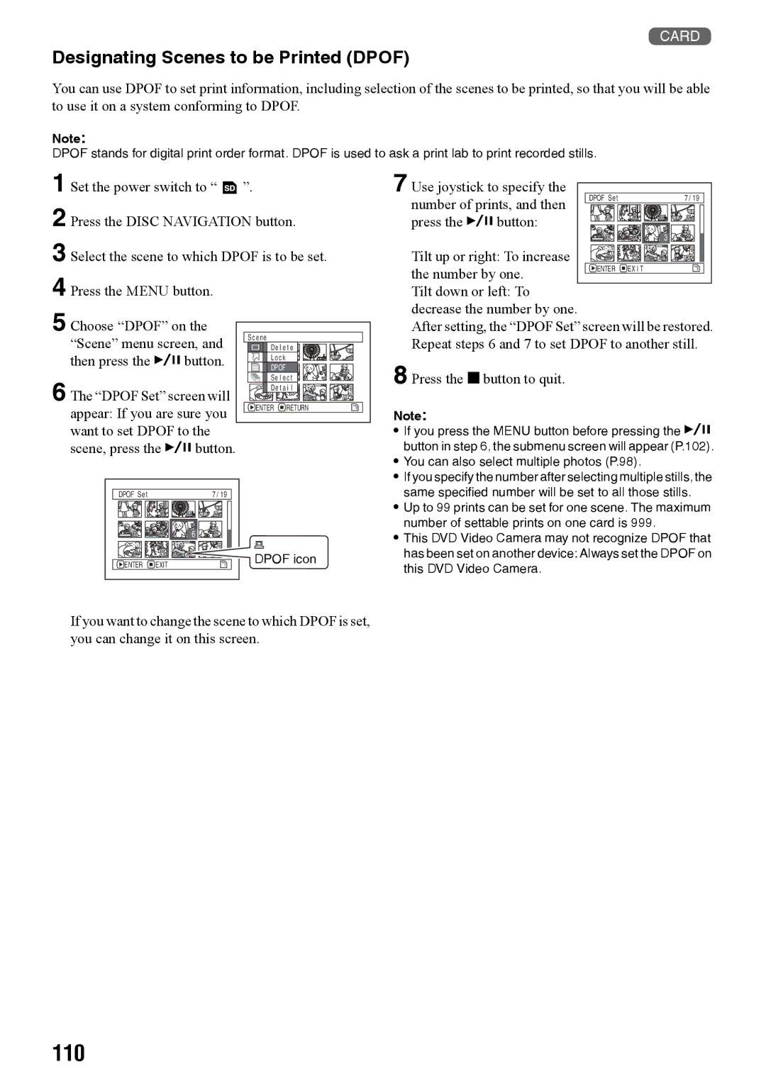 Panasonic VDR-M50PP, VDR-M70PP operating instructions 110, Designating Scenes to be Printed Dpof 