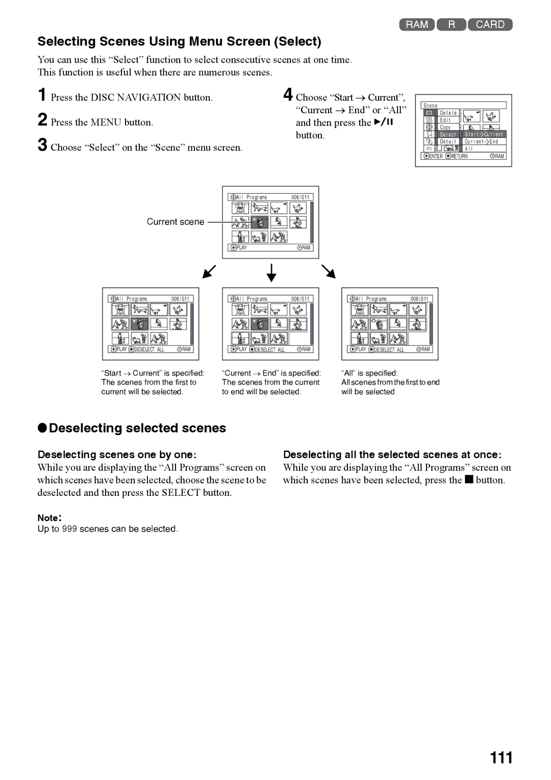 Panasonic VDR-M70PP, VDR-M50PP 111, Selecting Scenes Using Menu Screen Select, Deselecting selected scenes 