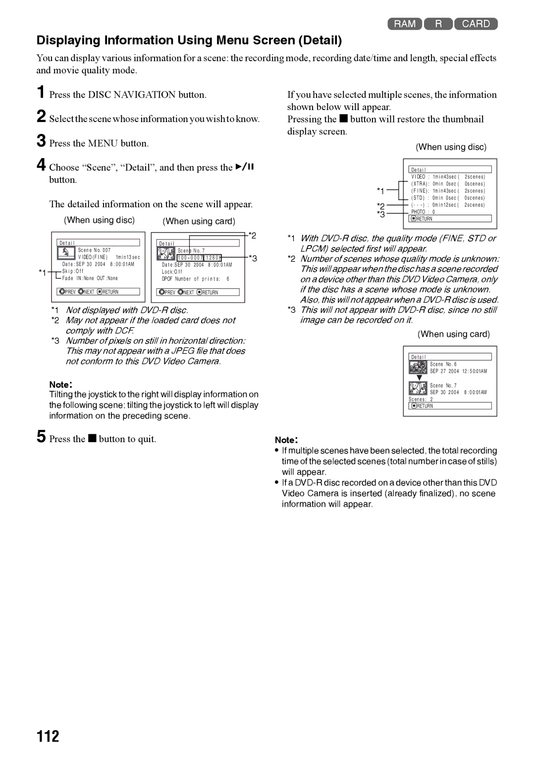 Panasonic VDR-M50PP, VDR-M70PP operating instructions 112, Displaying Information Using Menu Screen Detail 