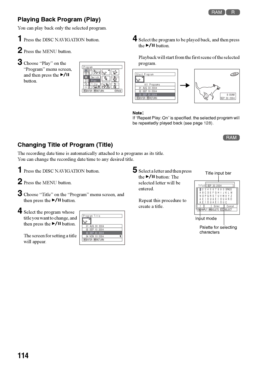 Panasonic VDR-M50PP, VDR-M70PP 114, Playing Back Program Play, Changing Title of Program Title, Create a title 