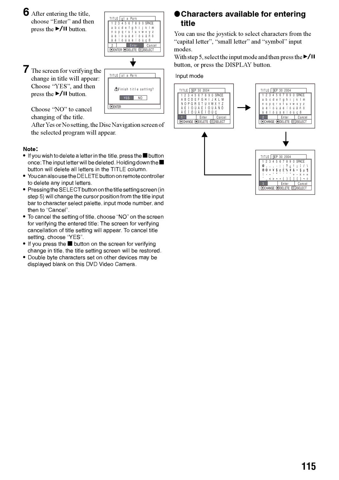 Panasonic VDR-M70PP 115, Characters available for entering title, Choose YES, and then, Changing of the title, Input mode 