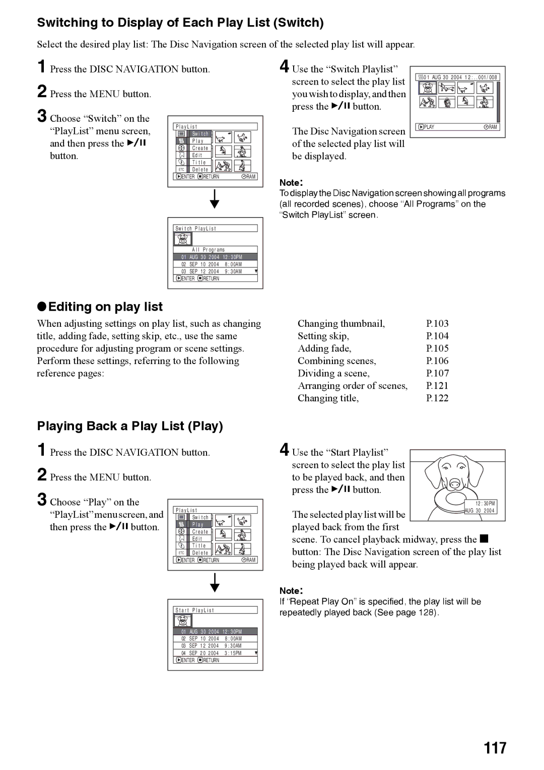 Panasonic VDR-M70PP, VDR-M50PP 117, Switching to Display of Each Play List Switch, Editing on play list 