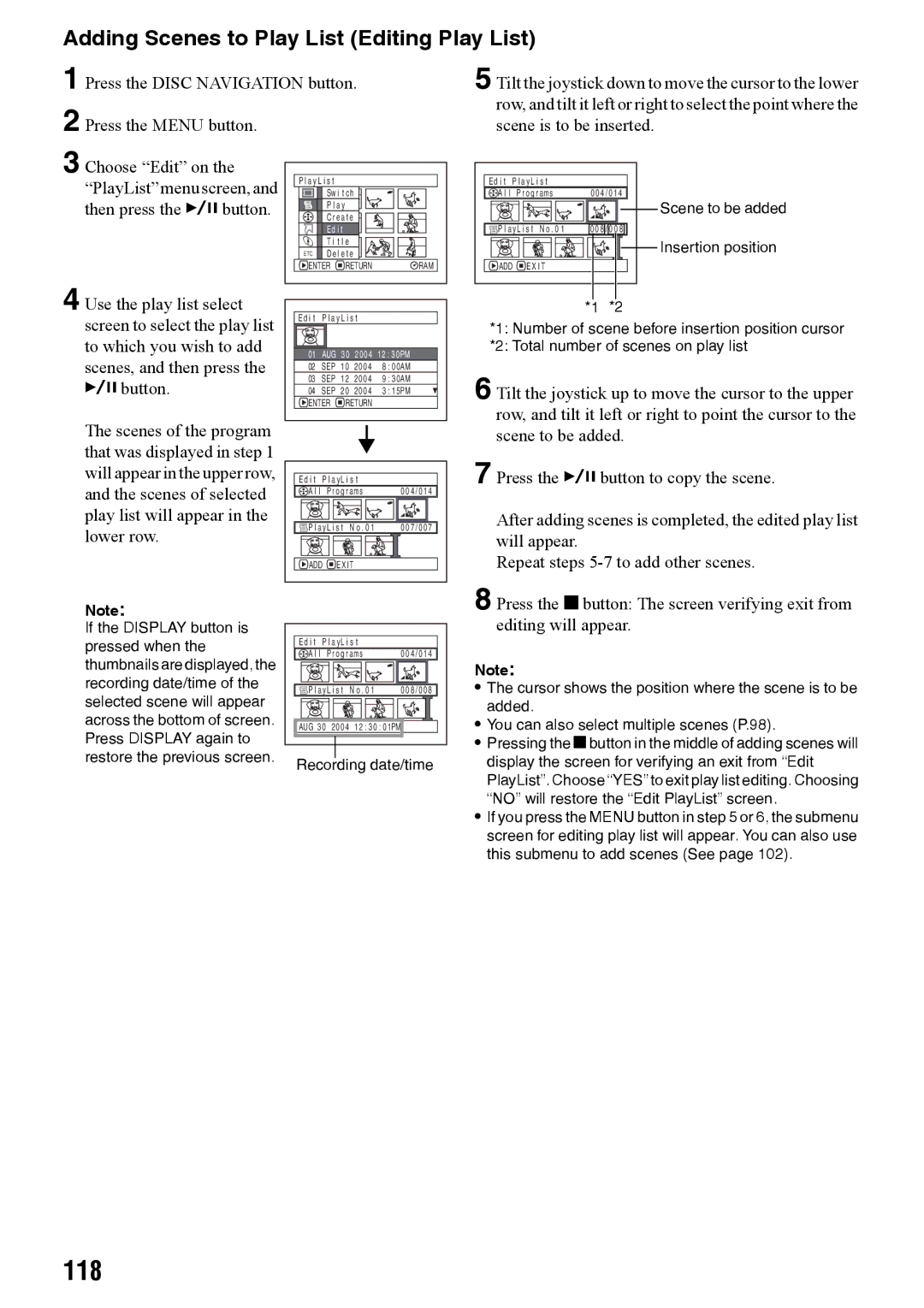 Panasonic VDR-M50PP, VDR-M70PP operating instructions 118, Adding Scenes to Play List Editing Play List 