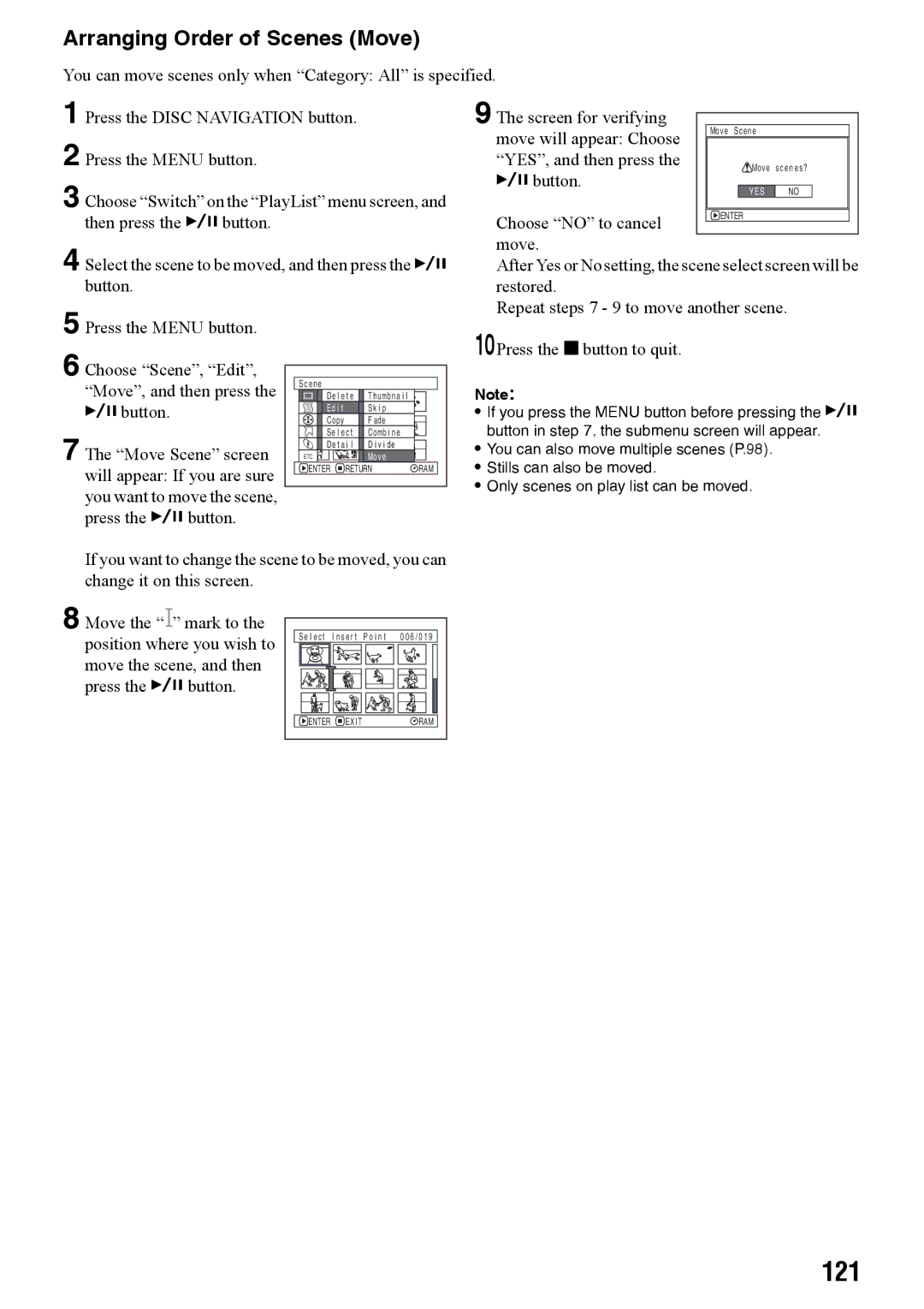 Panasonic VDR-M70PP, VDR-M50PP operating instructions 121, Arranging Order of Scenes Move 