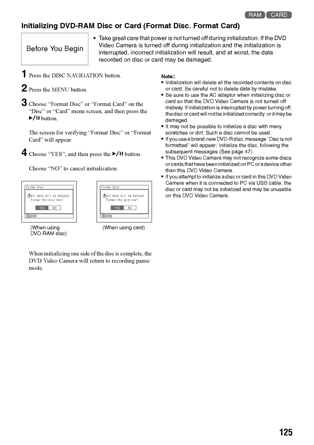 Panasonic VDR-M70PP, VDR-M50PP operating instructions 125, Initializing DVD-RAM Disc or Card Format Disc. Format Card 