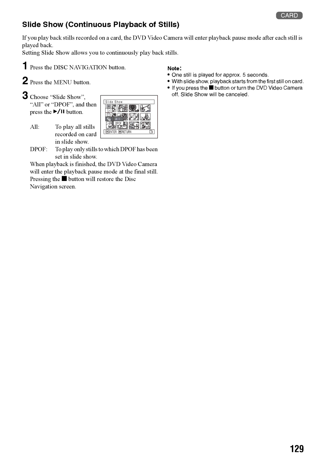 Panasonic VDR-M70PP, VDR-M50PP operating instructions 129, Slide Show Continuous Playback of Stills 