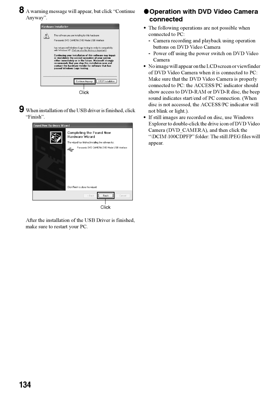 Panasonic VDR-M50PP, VDR-M70PP operating instructions 134, Operation with DVD Video Camera connected 