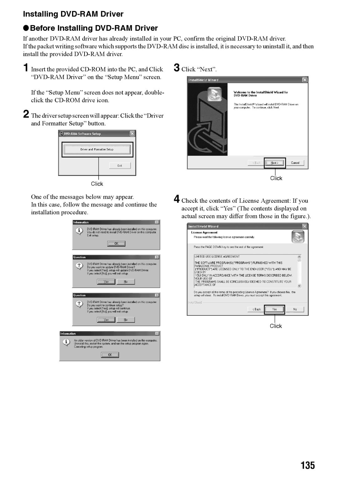 Panasonic VDR-M70PP, VDR-M50PP operating instructions 135, Installing DVD-RAM Driver Before Installing DVD-RAM Driver 