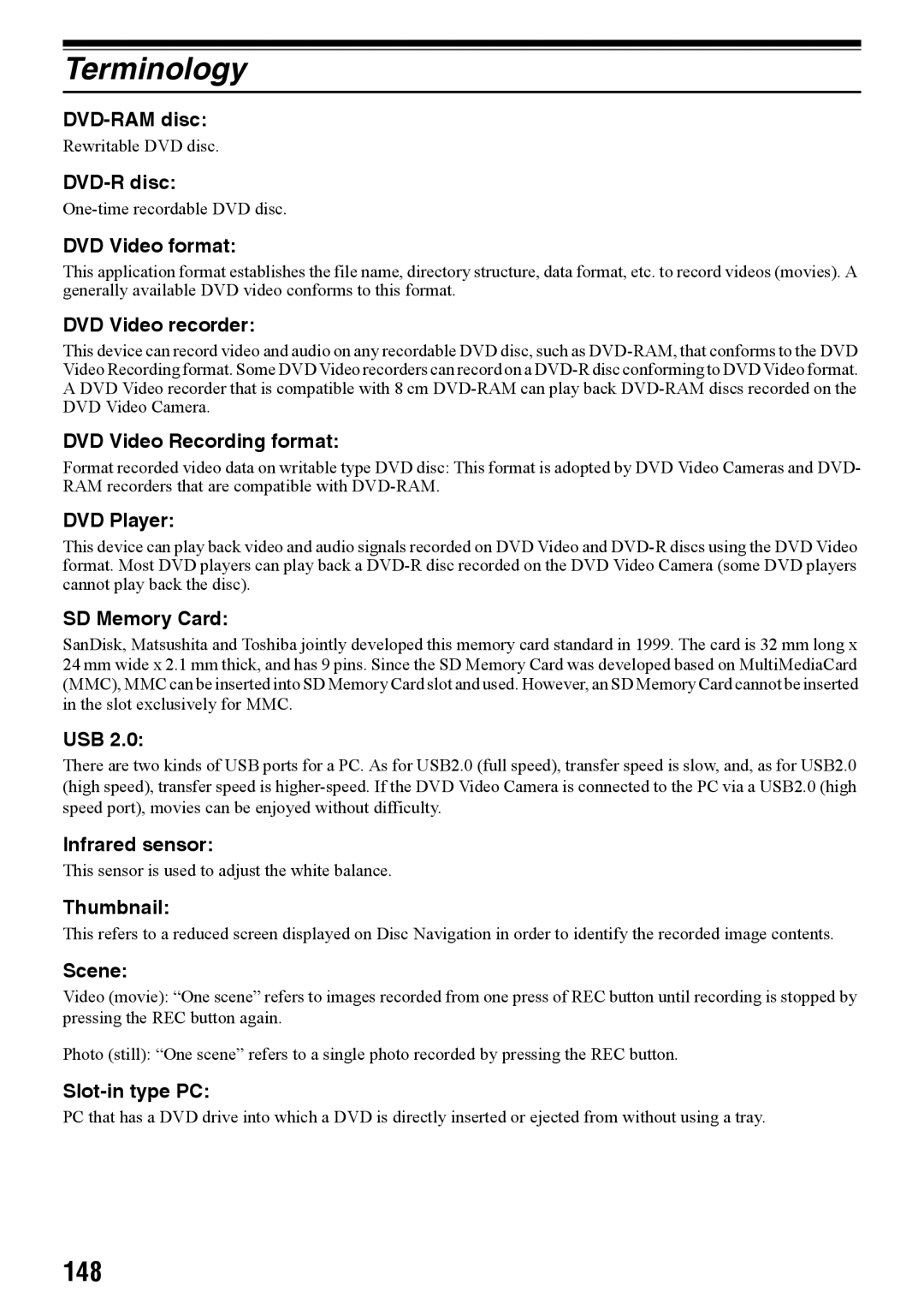 Panasonic VDR-M50PP, VDR-M70PP operating instructions Terminology, 148 