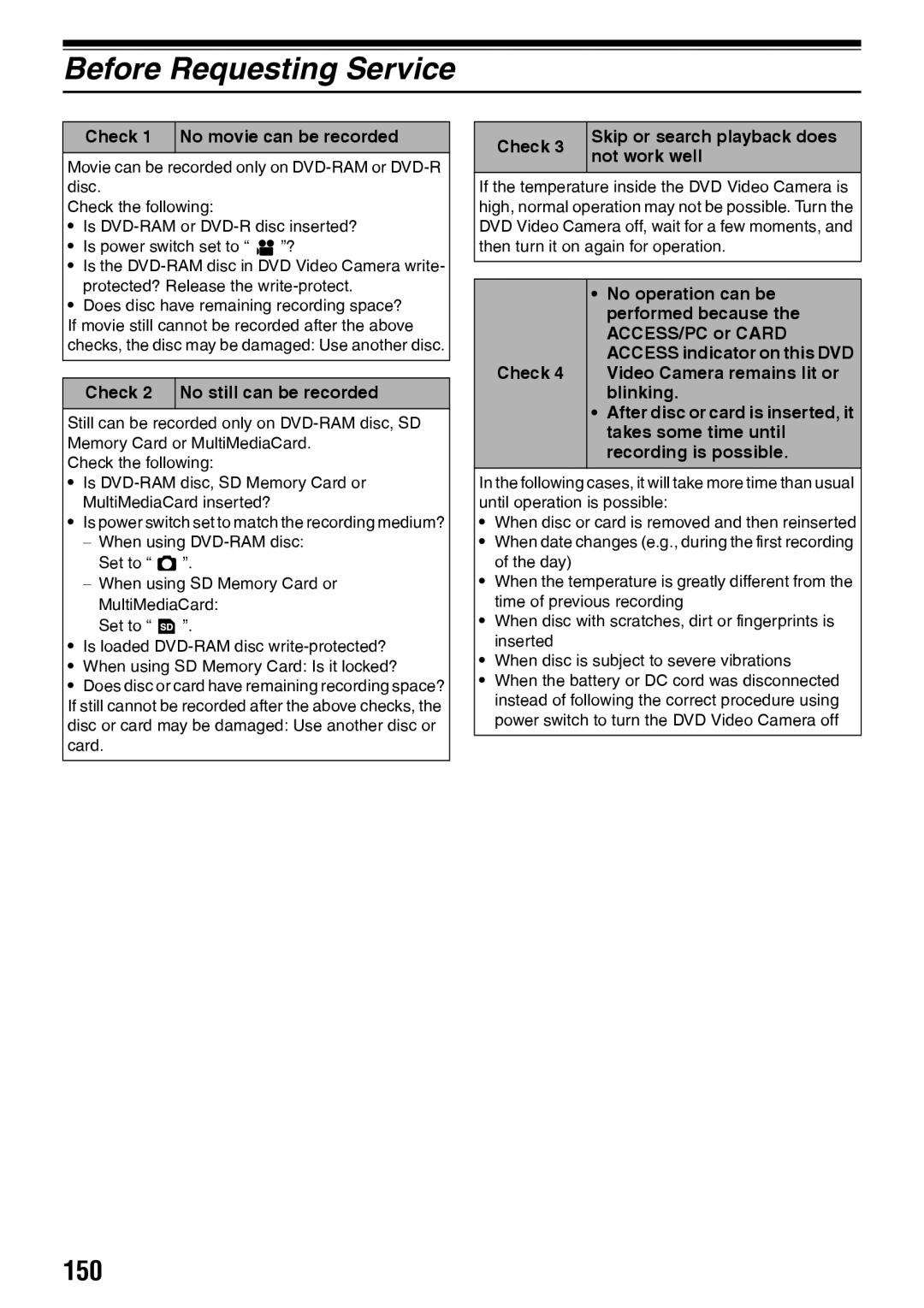 Panasonic VDR-M50PP, VDR-M70PP operating instructions Before Requesting Service, 150 