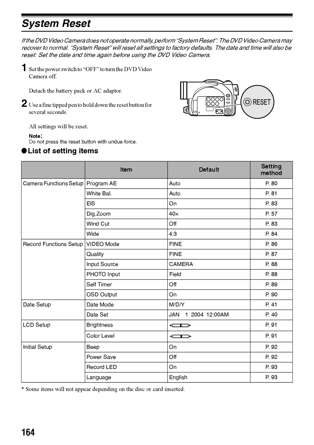 Panasonic VDR-M50PP, VDR-M70PP operating instructions System Reset, 164, List of setting items, Default Setting 