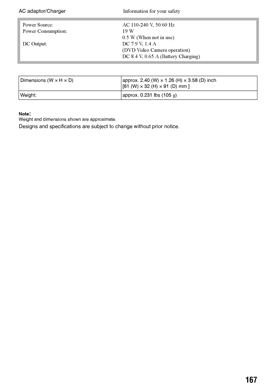 Panasonic VDR-M70PP, VDR-M50PP operating instructions 167, Weight and dimensions shown are approximate 