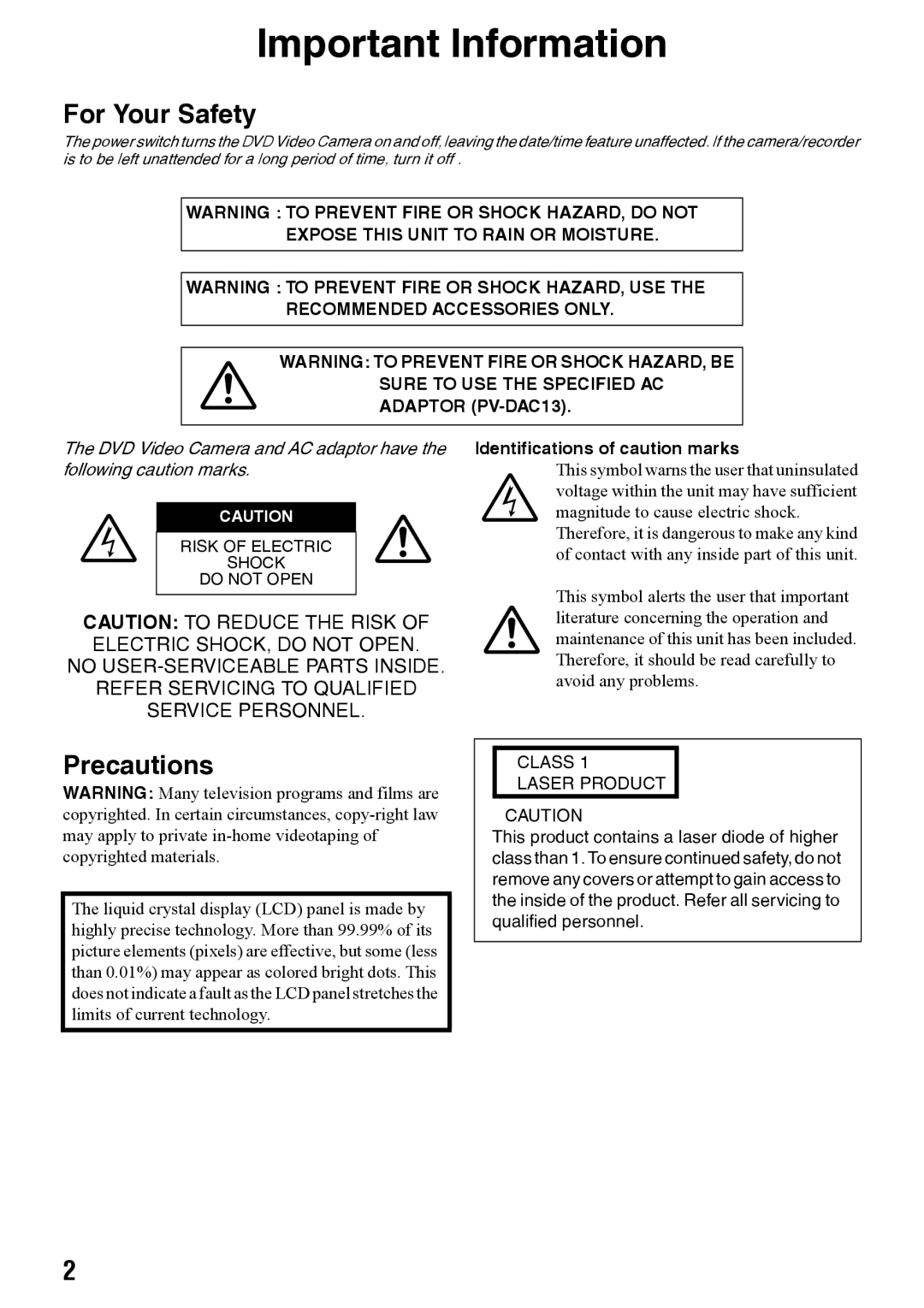 Panasonic VDR-M50PP, VDR-M70PP operating instructions For Your Safety, Precautions, Identifications of caution marks 