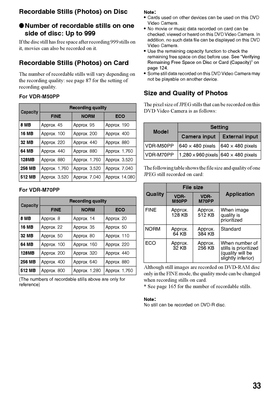 Panasonic VDR-M70PP, VDR-M50PP operating instructions Recordable Stills Photos on Card, Size and Quality of Photos 