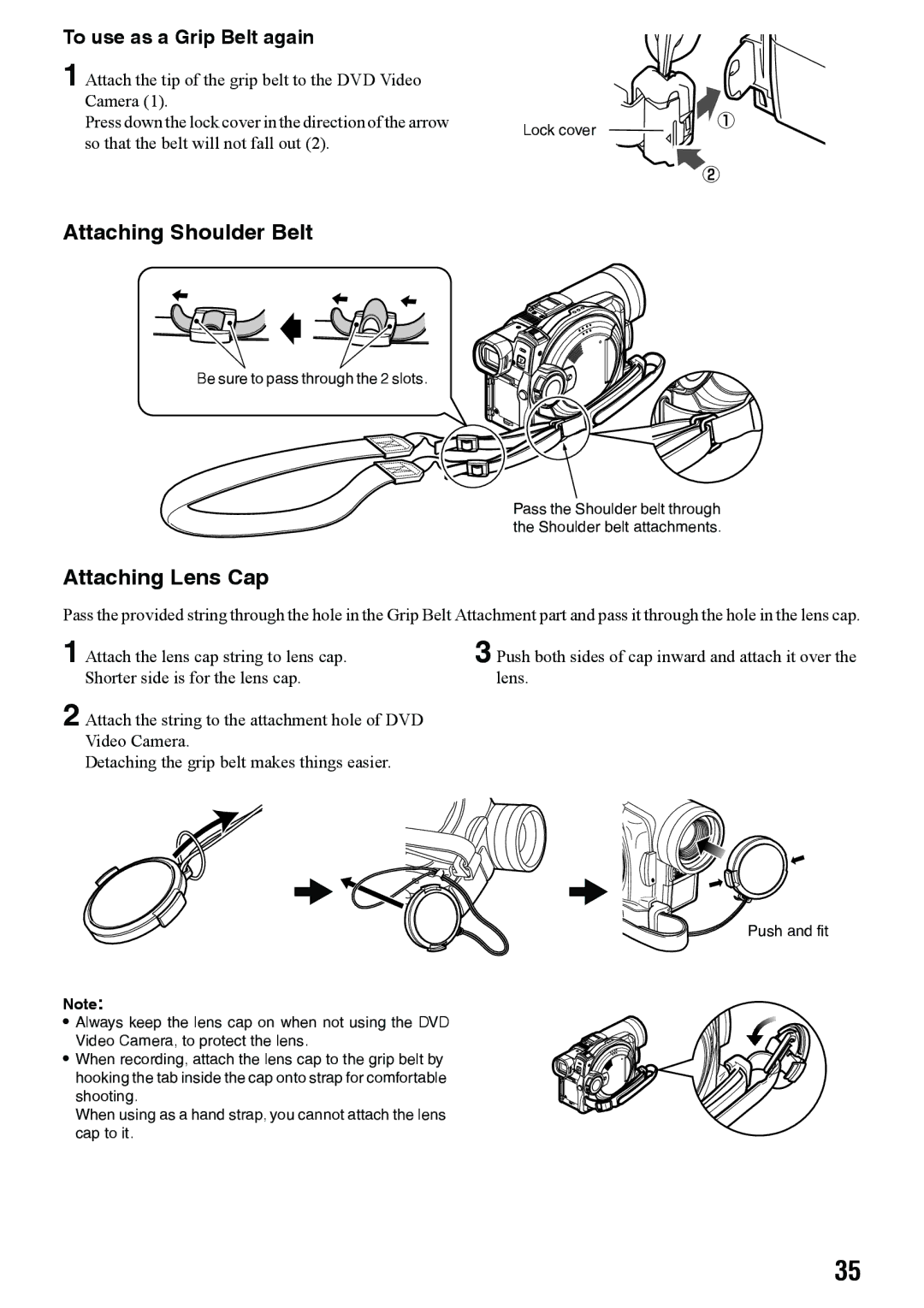 Panasonic VDR-M70PP, VDR-M50PP Attaching Shoulder Belt, Attaching Lens Cap, To use as a Grip Belt again 